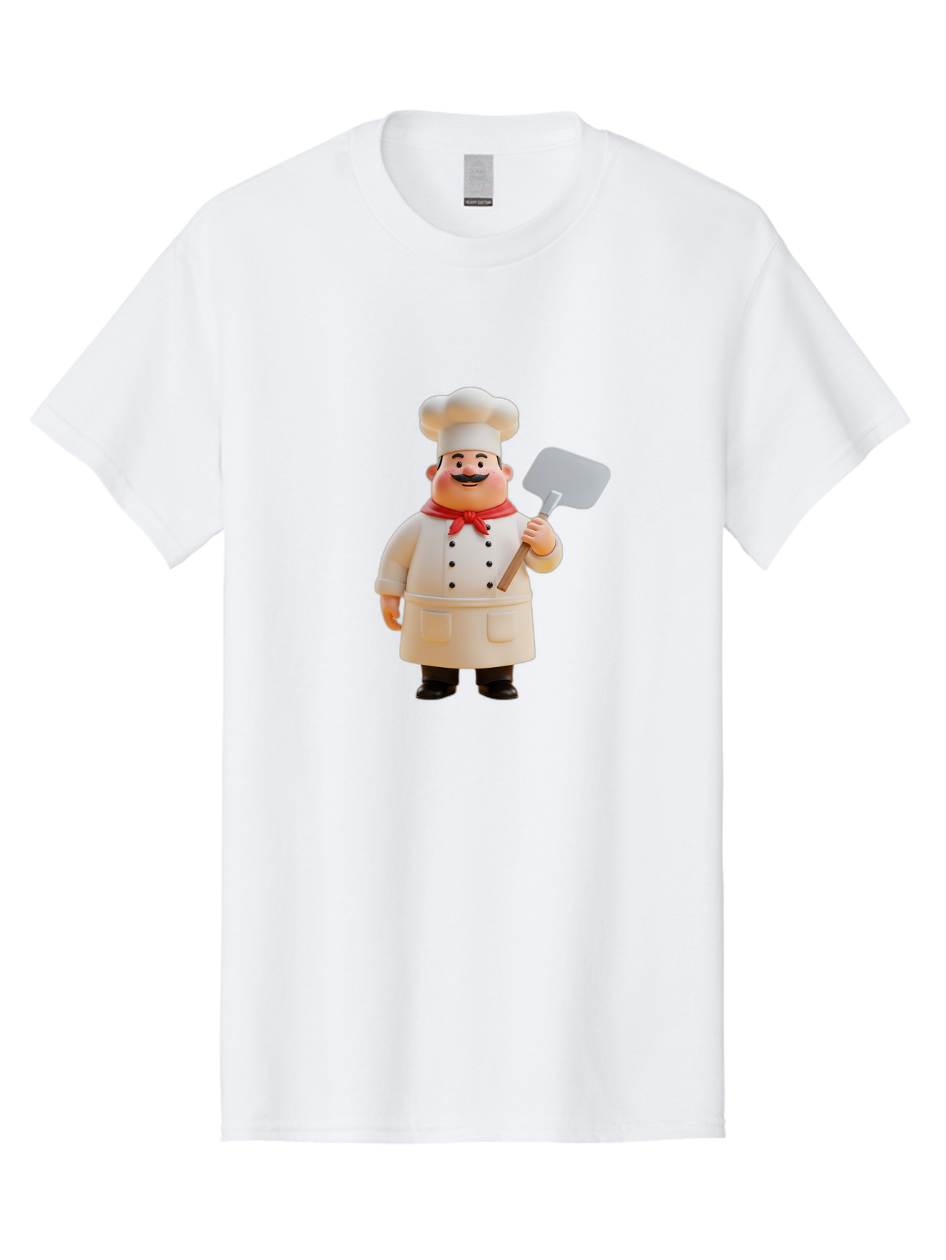 Chef-Figurine Men'S Graphic Tee, 100% Cotton, Comfortable Casual Summer Wear, Machine Washable, Lego Figurine Of A Chef, White Hat, Red Neckerchief, White Double-Breasted Jacket, Black Trousers, Black Shoes, Mustache, Holding A Spatula, Bac826