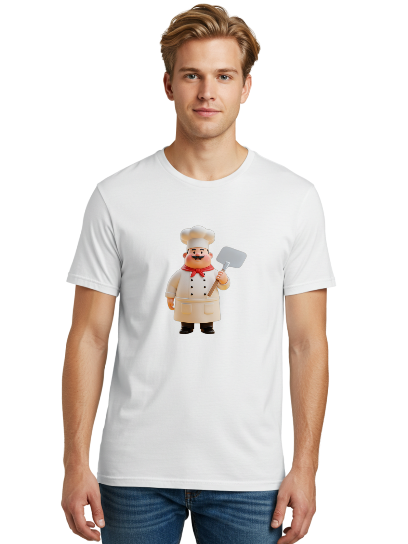 Chef-Figurine Men'S Graphic Tee, 100% Cotton, Comfortable Casual Summer Wear, Machine Washable, Lego Figurine Of A Chef, White Hat, Red Neckerchief, White Double-Breasted Jacket, Black Trousers, Black Shoes, Mustache, Holding A Spatula, Bac826