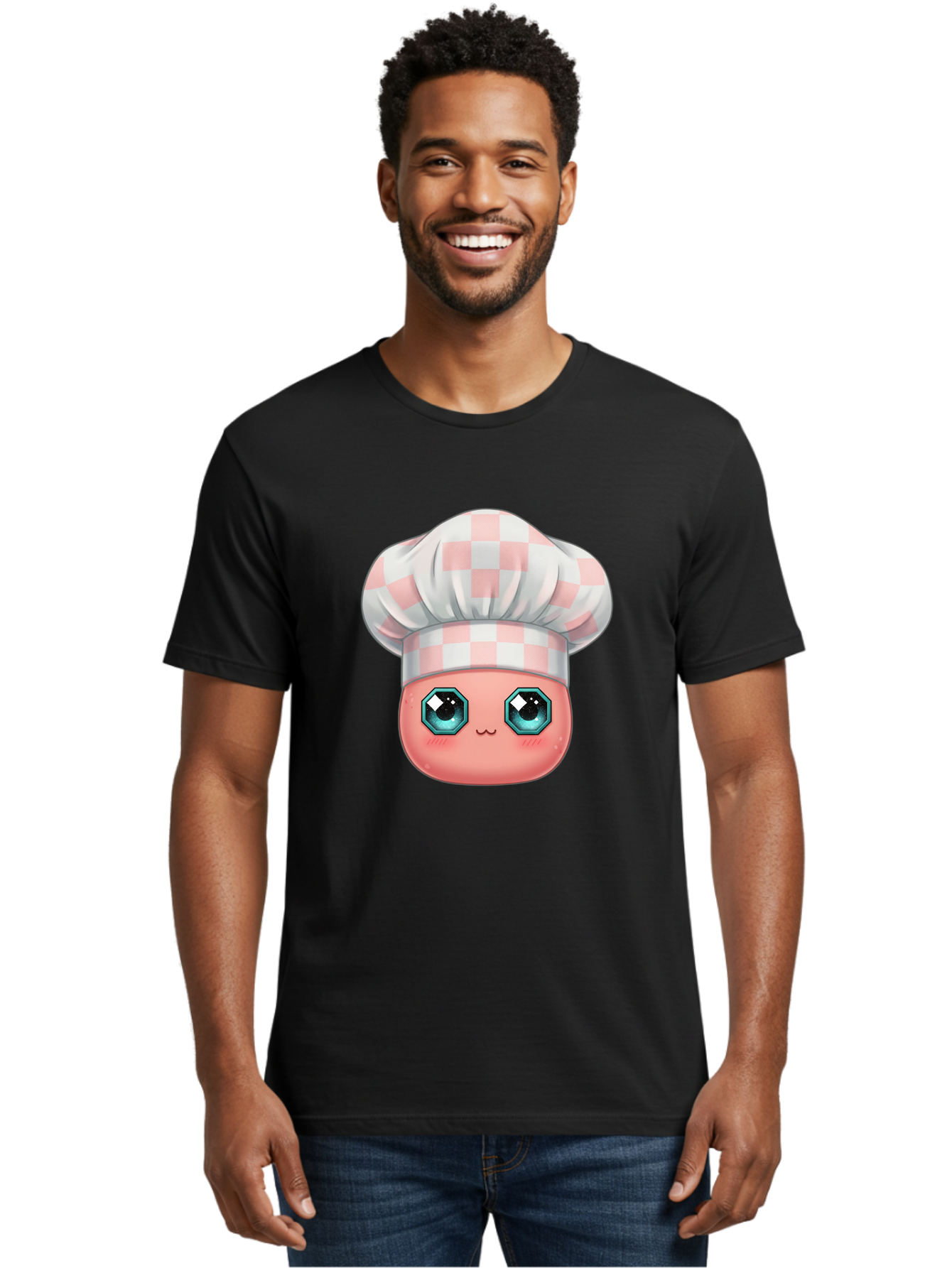 Chef-Gingham-Hat Men'S Graphic Tee, 100% Cotton, Comfortable Casual Summer Wear, Machine Washable, Cartoon Character, Chef Hat, Pink Checkered Pattern, Cute Face, Blue Eyes, Futuristic Look, Kawaii Style, Cooking, Baking, Foodie Culture, Bac827