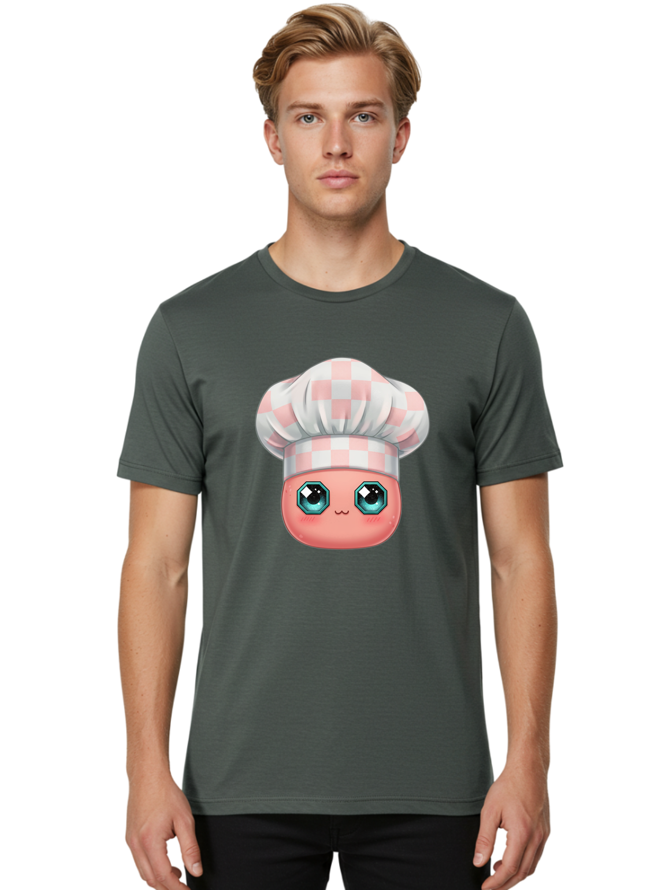 Chef-Gingham-Hat Men'S Graphic Tee, 100% Cotton, Comfortable Casual Summer Wear, Machine Washable, Cartoon Character, Chef Hat, Pink Checkered Pattern, Cute Face, Blue Eyes, Futuristic Look, Kawaii Style, Cooking, Baking, Foodie Culture, Bac827