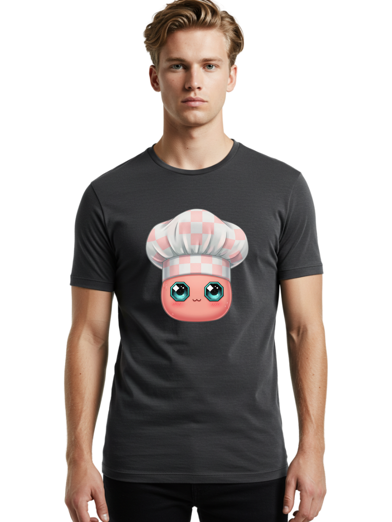 Chef-Gingham-Hat Men'S Graphic Tee, 100% Cotton, Comfortable Casual Summer Wear, Machine Washable, Cartoon Character, Chef Hat, Pink Checkered Pattern, Cute Face, Blue Eyes, Futuristic Look, Kawaii Style, Cooking, Baking, Foodie Culture, Bac827