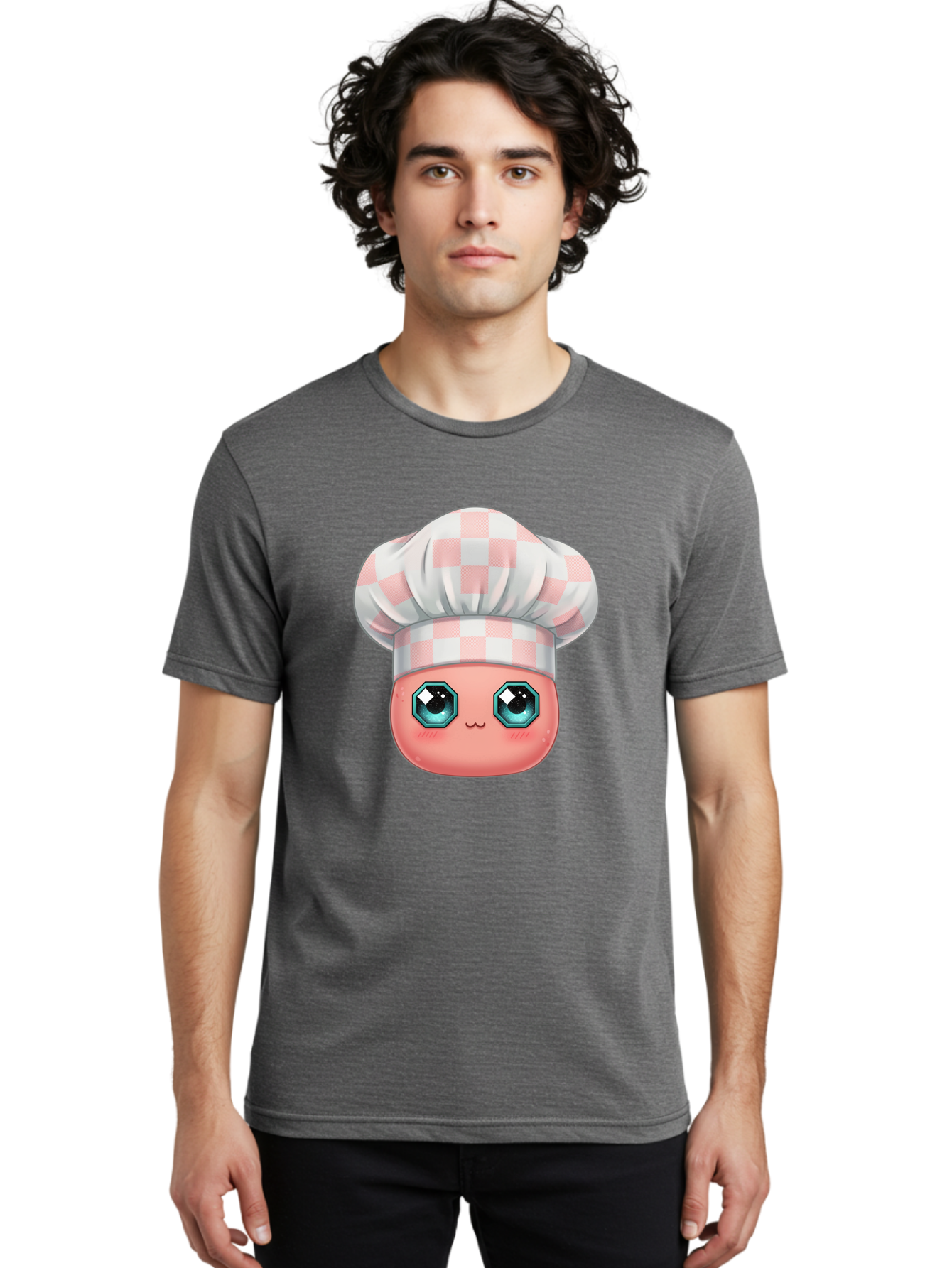 Chef-Gingham-Hat Men'S Graphic Tee, 100% Cotton, Comfortable Casual Summer Wear, Machine Washable, Cartoon Character, Chef Hat, Pink Checkered Pattern, Cute Face, Blue Eyes, Futuristic Look, Kawaii Style, Cooking, Baking, Foodie Culture, Bac827
