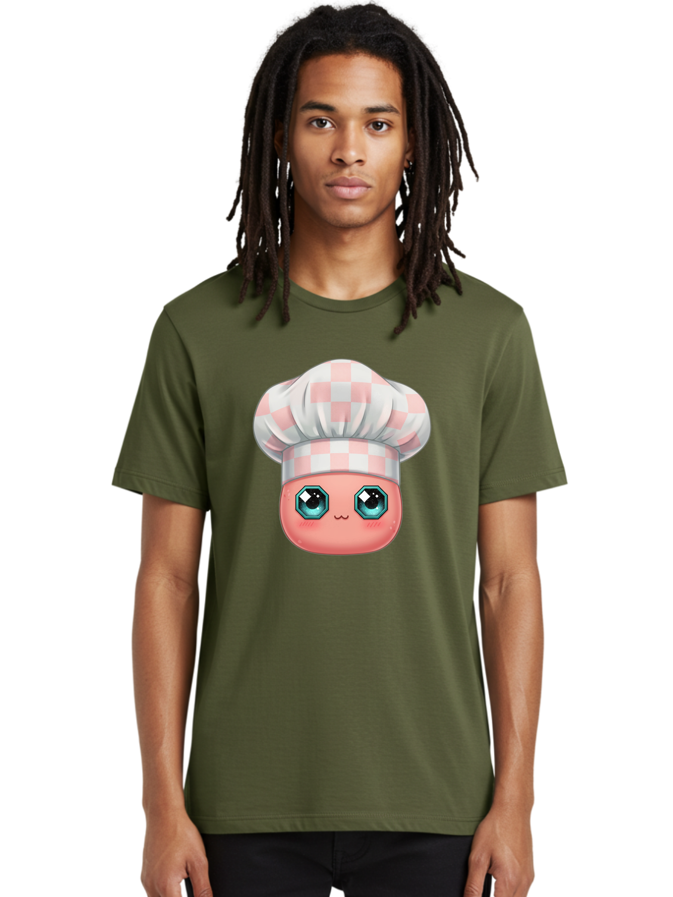 Chef-Gingham-Hat Men'S Graphic Tee, 100% Cotton, Comfortable Casual Summer Wear, Machine Washable, Cartoon Character, Chef Hat, Pink Checkered Pattern, Cute Face, Blue Eyes, Futuristic Look, Kawaii Style, Cooking, Baking, Foodie Culture, Bac827