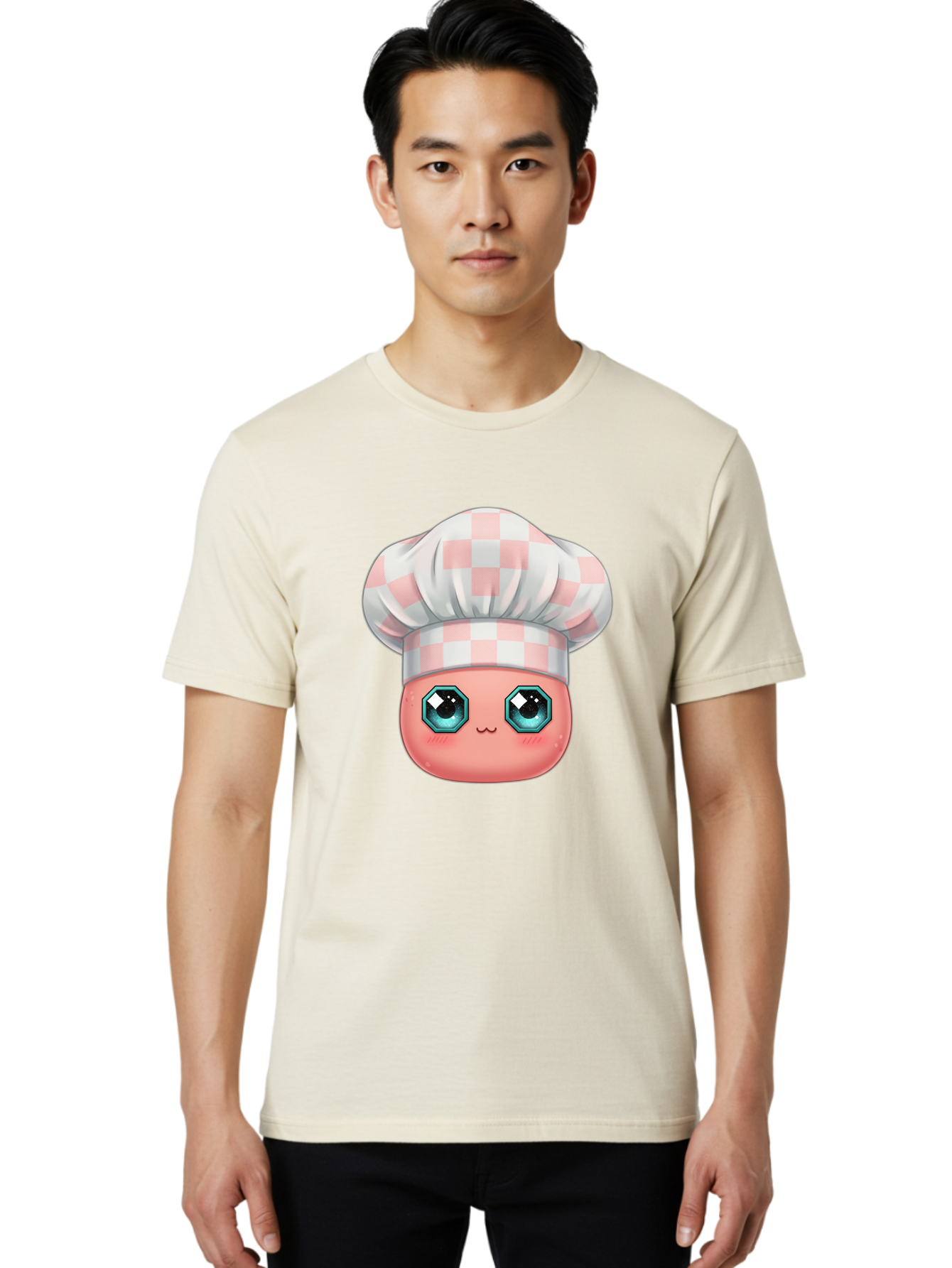 Chef-Gingham-Hat Men'S Graphic Tee, 100% Cotton, Comfortable Casual Summer Wear, Machine Washable, Cartoon Character, Chef Hat, Pink Checkered Pattern, Cute Face, Blue Eyes, Futuristic Look, Kawaii Style, Cooking, Baking, Foodie Culture, Bac827
