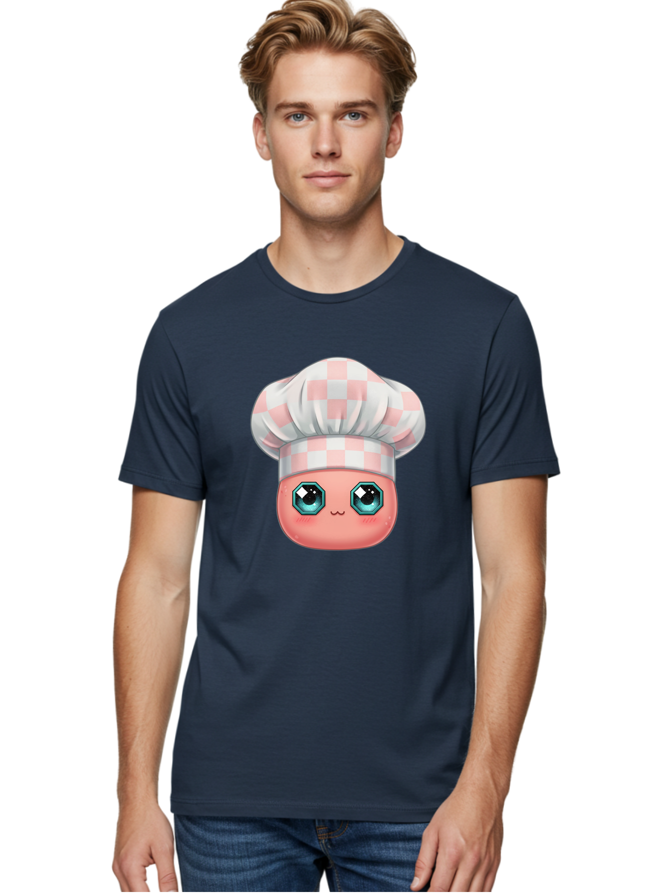 Chef-Gingham-Hat Men'S Graphic Tee, 100% Cotton, Comfortable Casual Summer Wear, Machine Washable, Cartoon Character, Chef Hat, Pink Checkered Pattern, Cute Face, Blue Eyes, Futuristic Look, Kawaii Style, Cooking, Baking, Foodie Culture, Bac827
