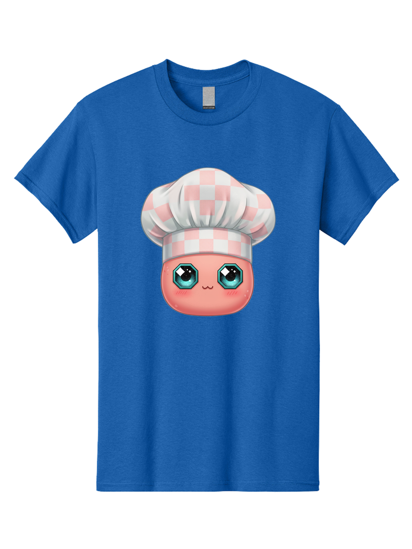 Chef-Gingham-Hat Men'S Graphic Tee, 100% Cotton, Comfortable Casual Summer Wear, Machine Washable, Cartoon Character, Chef Hat, Pink Checkered Pattern, Cute Face, Blue Eyes, Futuristic Look, Kawaii Style, Cooking, Baking, Foodie Culture, Bac827