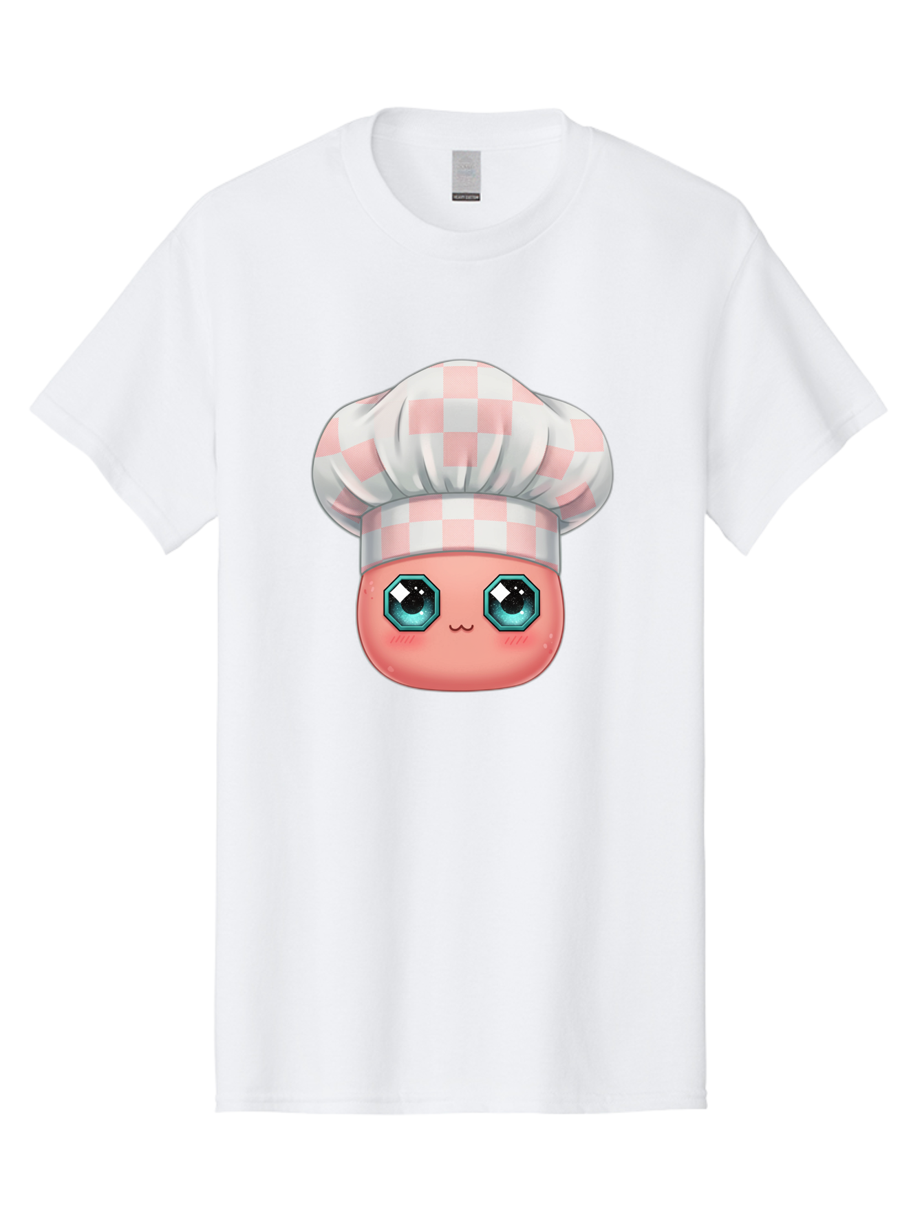 Chef-Gingham-Hat Men'S Graphic Tee, 100% Cotton, Comfortable Casual Summer Wear, Machine Washable, Cartoon Character, Chef Hat, Pink Checkered Pattern, Cute Face, Blue Eyes, Futuristic Look, Kawaii Style, Cooking, Baking, Foodie Culture, Bac827
