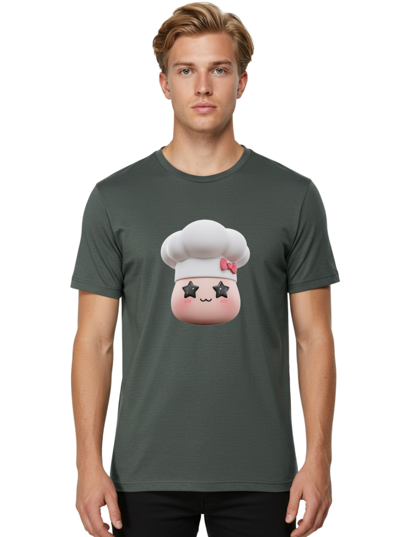Chef-Hat-Character Men'S Graphic Tee, 100% Cotton, Comfortable Casual Summer Wear, Machine Washable, Cute Cartoon Chef, Cooking Character, Kawaii Foodie, Chef'S Hat, Pink Bow, Star Eyes, Smiling Face, Rosy Cheeks, Baking Illustration, Bac829