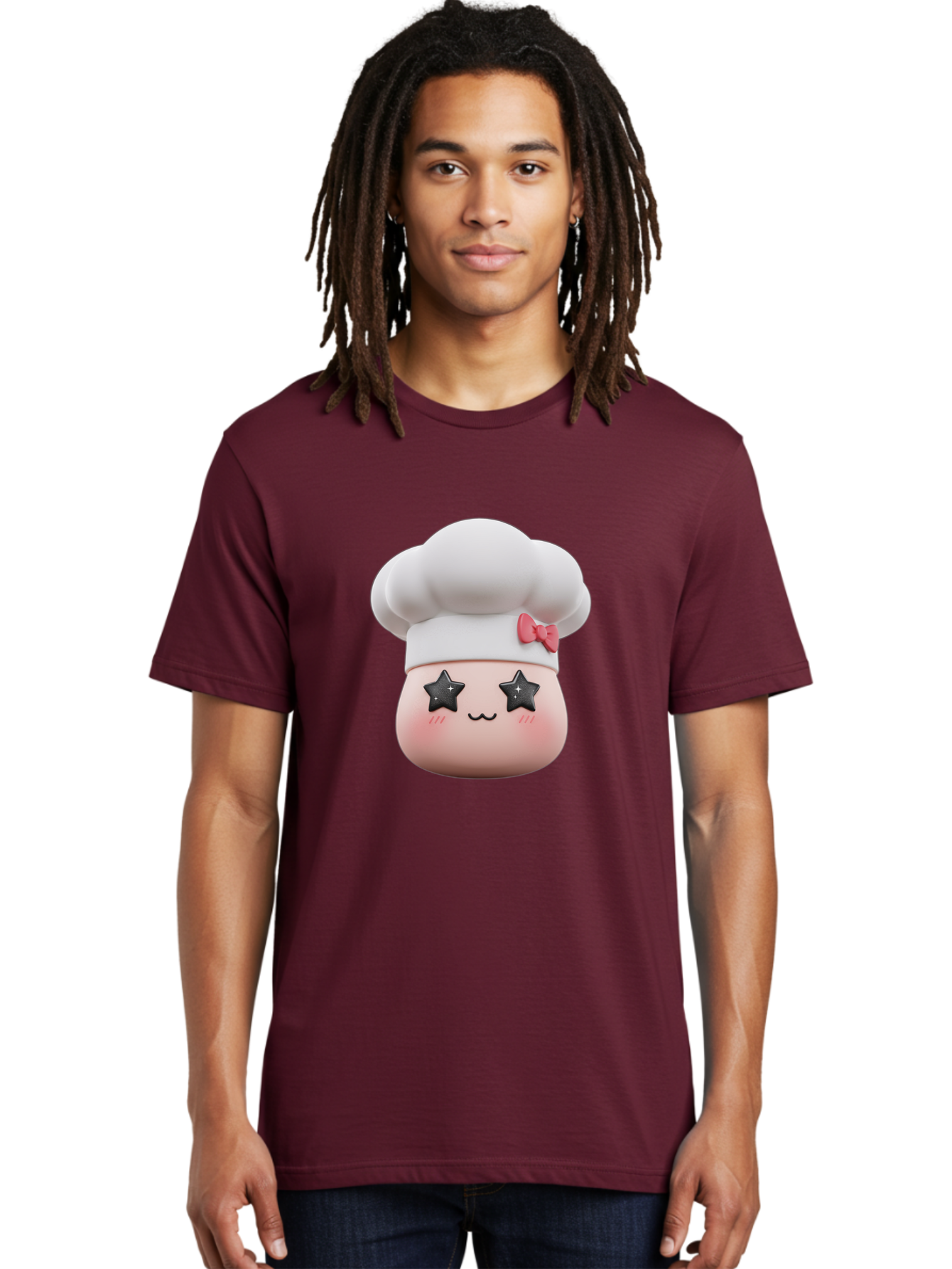Chef-Hat-Character Men'S Graphic Tee, 100% Cotton, Comfortable Casual Summer Wear, Machine Washable, Cute Cartoon Chef, Cooking Character, Kawaii Foodie, Chef'S Hat, Pink Bow, Star Eyes, Smiling Face, Rosy Cheeks, Baking Illustration, Bac829