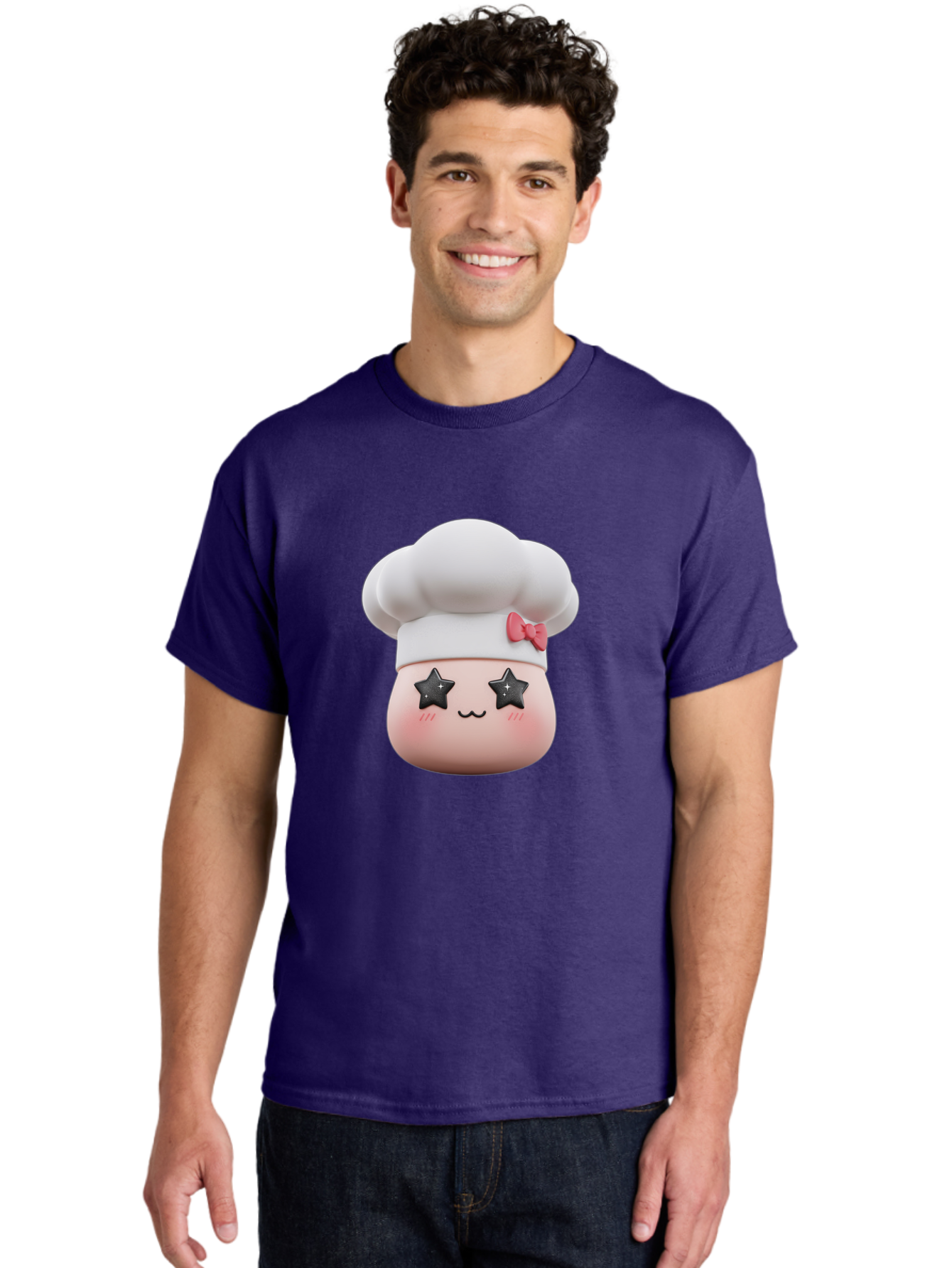 Chef-Hat-Character Men'S Graphic Tee, 100% Cotton, Comfortable Casual Summer Wear, Machine Washable, Cute Cartoon Chef, Cooking Character, Kawaii Foodie, Chef'S Hat, Pink Bow, Star Eyes, Smiling Face, Rosy Cheeks, Baking Illustration, Bac829