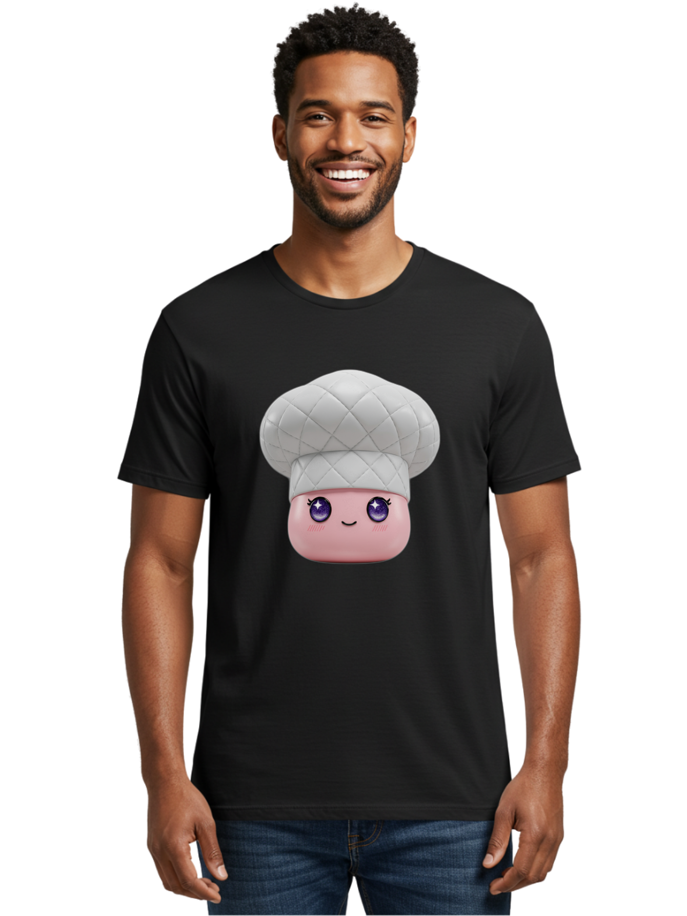 Chef-Hat-Face-1 Men'S Graphic Tee, 100% Cotton, Comfortable Casual Summer Wear, Machine Washable, Pink Face, Chef Hat, Cartoon Style, Purple Eyes, Eyelashes, Smiling Face, Cute Character, Cooking Theme, Culinary Art, Adorable Design, Bac831