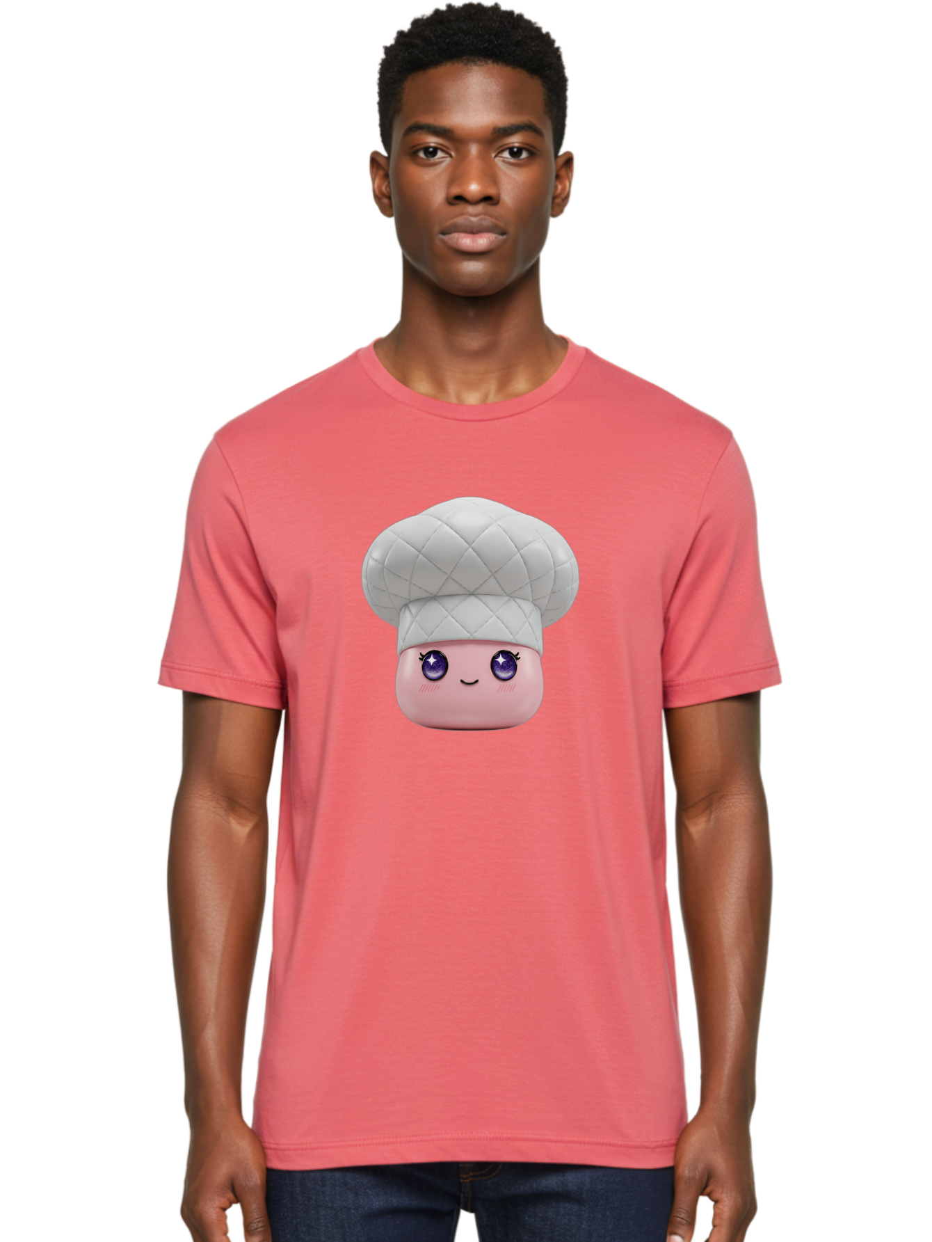 Chef-Hat-Face-1 Men'S Graphic Tee, 100% Cotton, Comfortable Casual Summer Wear, Machine Washable, Pink Face, Chef Hat, Cartoon Style, Purple Eyes, Eyelashes, Smiling Face, Cute Character, Cooking Theme, Culinary Art, Adorable Design, Bac831