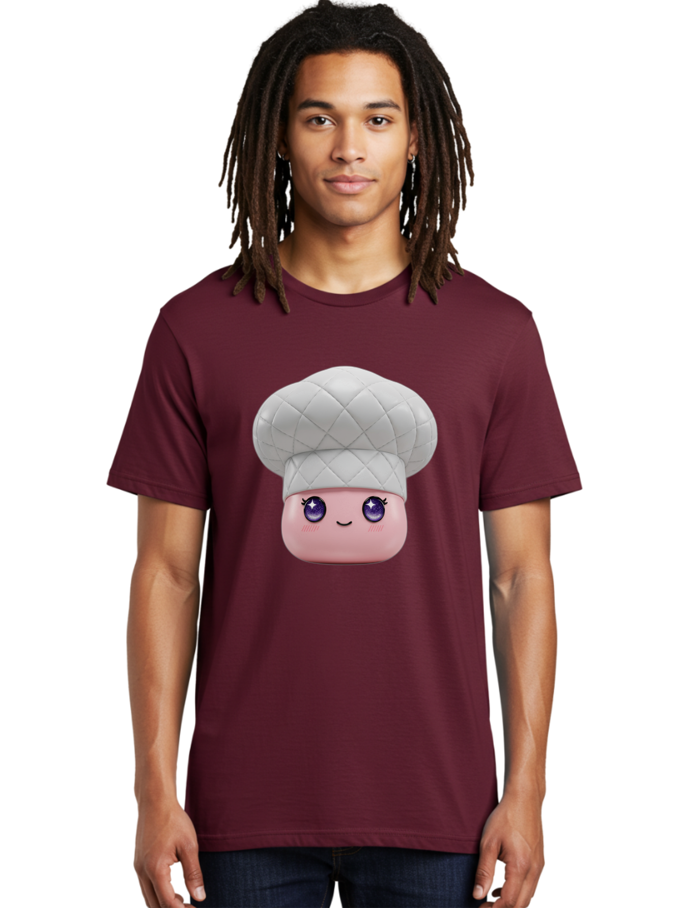 Chef-Hat-Face-1 Men'S Graphic Tee, 100% Cotton, Comfortable Casual Summer Wear, Machine Washable, Pink Face, Chef Hat, Cartoon Style, Purple Eyes, Eyelashes, Smiling Face, Cute Character, Cooking Theme, Culinary Art, Adorable Design, Bac831