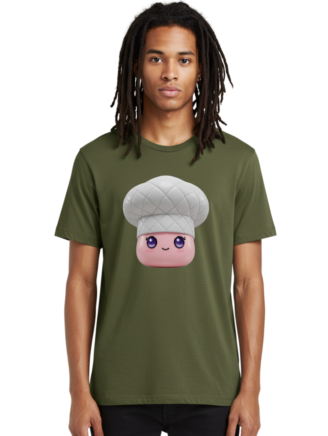 Chef-Hat-Face-1 Men'S Graphic Tee, 100% Cotton, Comfortable Casual Summer Wear, Machine Washable, Pink Face, Chef Hat, Cartoon Style, Purple Eyes, Eyelashes, Smiling Face, Cute Character, Cooking Theme, Culinary Art, Adorable Design, Bac831
