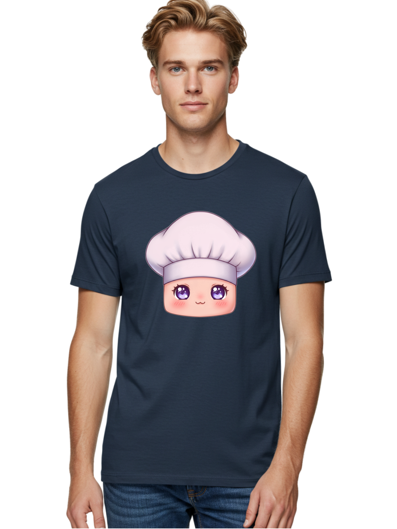 Chef-Hat-Face Men'S Graphic Tee, 100% Cotton, Comfortable Casual Summer Wear, Machine Washable, Cartoon Chef, Cute Face, Purple Eyes, Chef Hat, Cooking, Kawaii, Chef Character, Adorable, Kitchen, Culinary Bac832