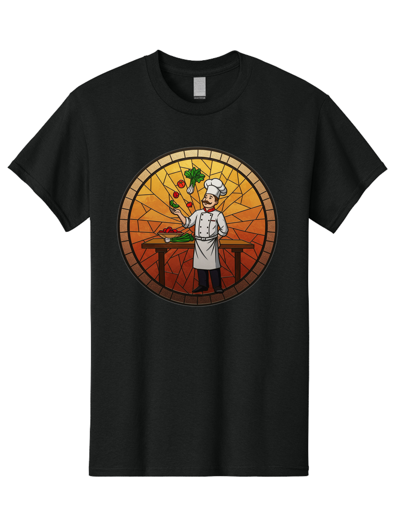 Chef-Juggling-Vegetables Men'S Graphic Tee, 100% Cotton, Comfortable Casual Summer Wear, Machine Washable, Chef Juggling Vegetables, Cooking Art, Stained Glass Style, Culinary Skills, Kitchen Scene, Fresh Produce, Chef'S Hat, Cooking Uniform Bac833