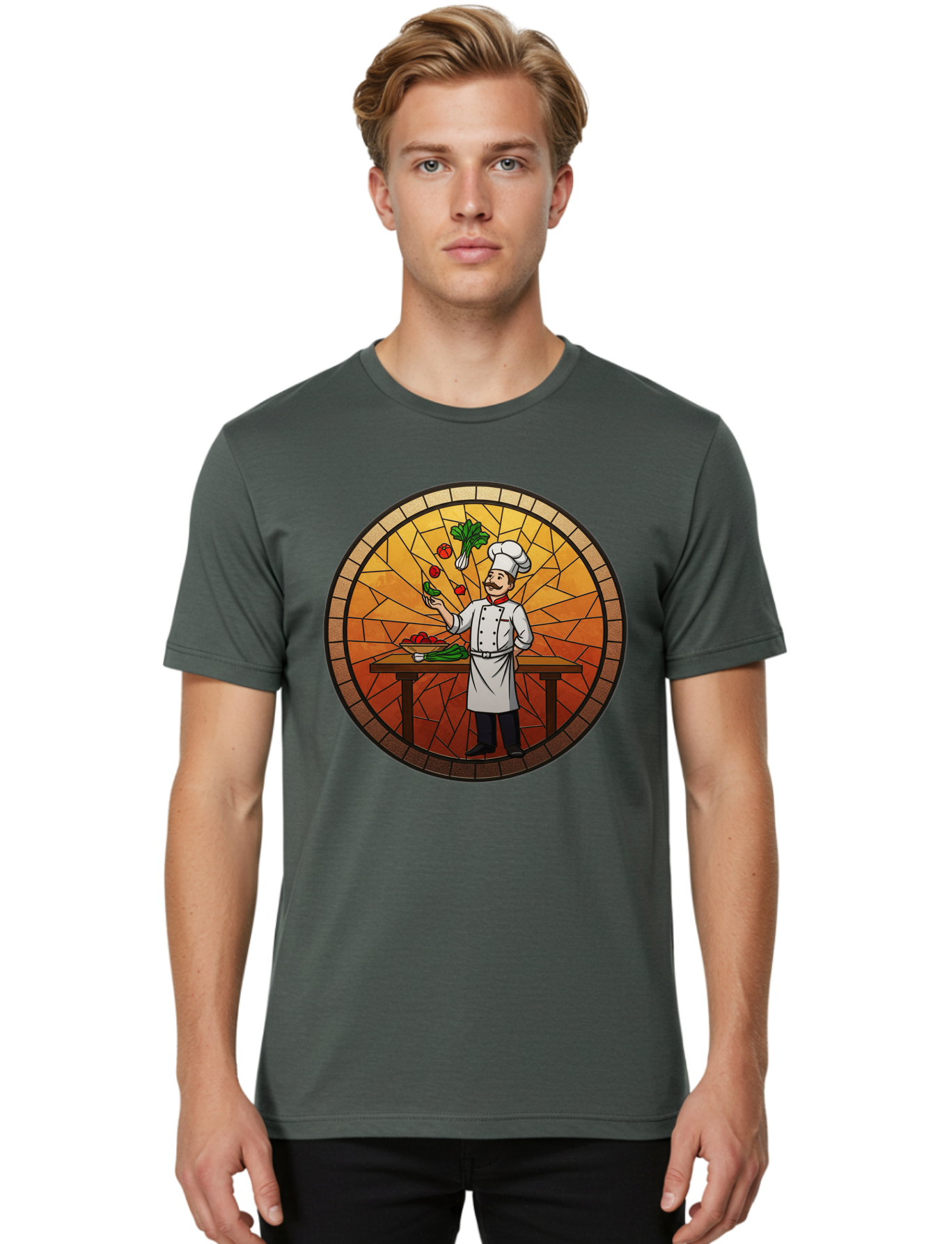 Chef-Juggling-Vegetables Men'S Graphic Tee, 100% Cotton, Comfortable Casual Summer Wear, Machine Washable, Chef Juggling Vegetables, Cooking Art, Stained Glass Style, Culinary Skills, Kitchen Scene, Fresh Produce, Chef'S Hat, Cooking Uniform Bac833