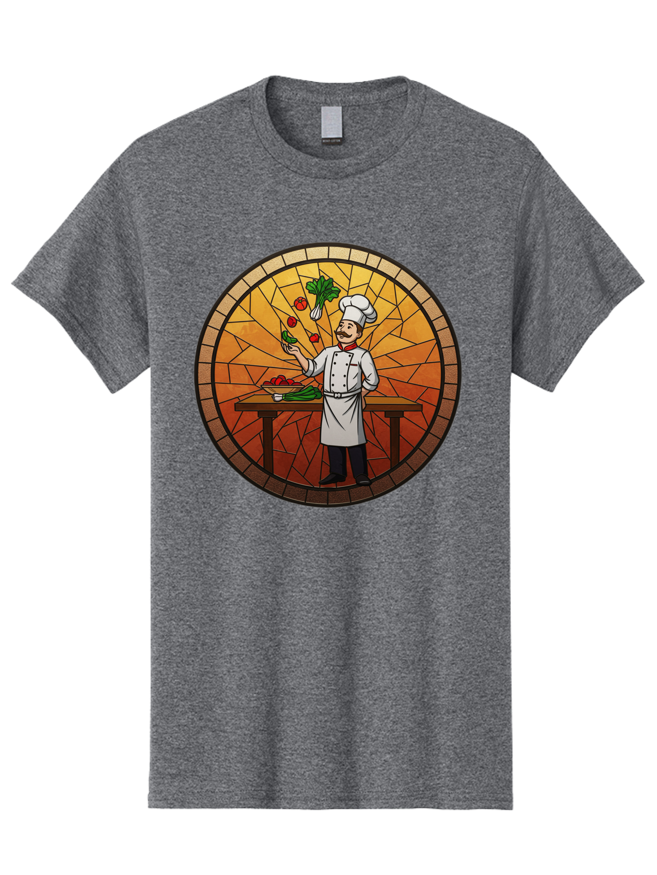 Chef-Juggling-Vegetables Men'S Graphic Tee, 100% Cotton, Comfortable Casual Summer Wear, Machine Washable, Chef Juggling Vegetables, Cooking Art, Stained Glass Style, Culinary Skills, Kitchen Scene, Fresh Produce, Chef'S Hat, Cooking Uniform Bac833