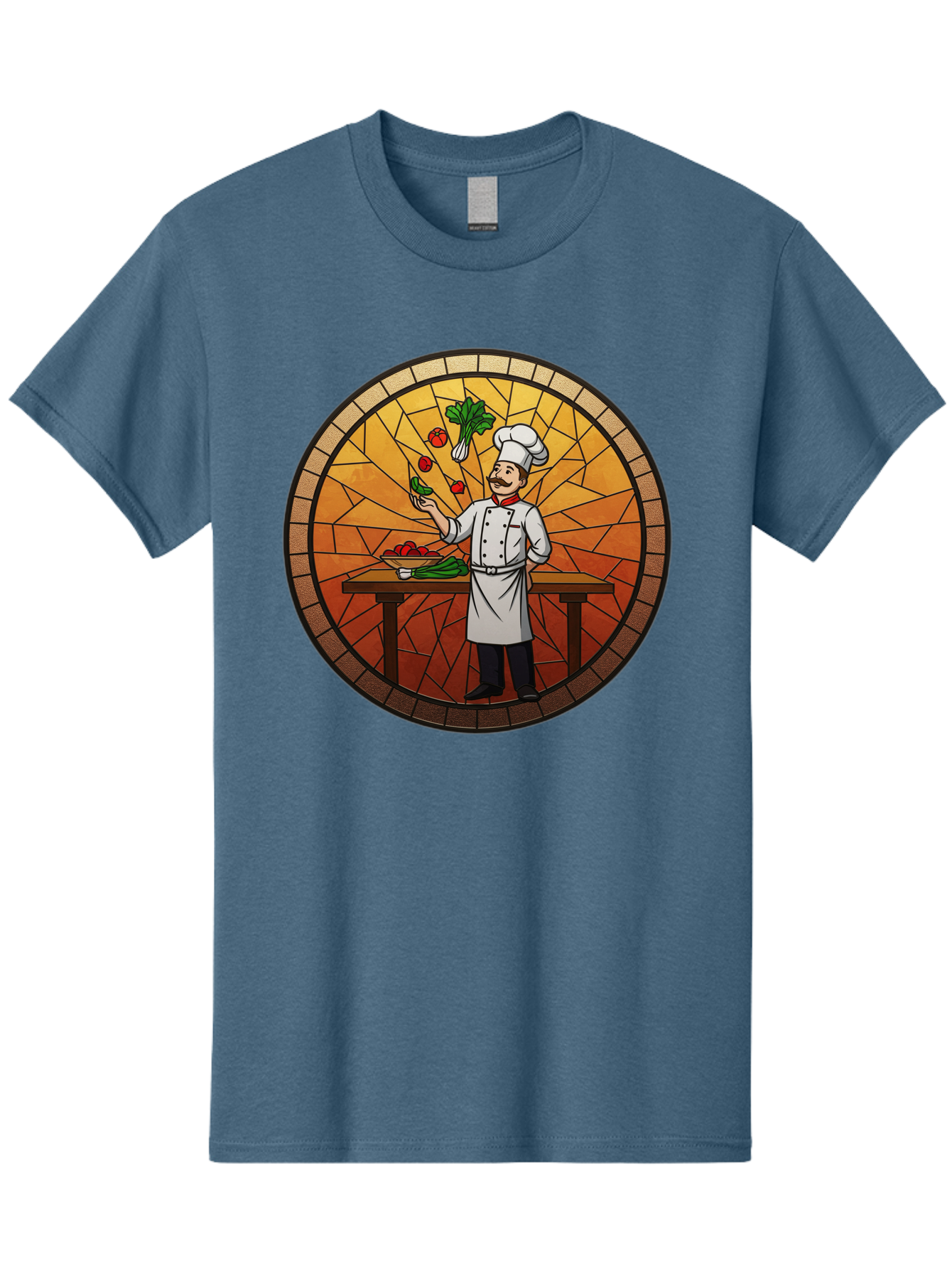 Chef-Juggling-Vegetables Men'S Graphic Tee, 100% Cotton, Comfortable Casual Summer Wear, Machine Washable, Chef Juggling Vegetables, Cooking Art, Stained Glass Style, Culinary Skills, Kitchen Scene, Fresh Produce, Chef'S Hat, Cooking Uniform Bac833
