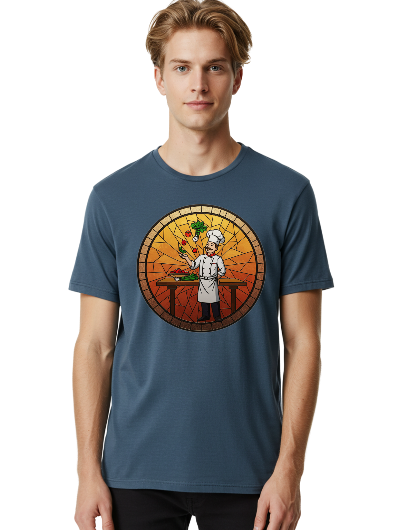Chef-Juggling-Vegetables Men'S Graphic Tee, 100% Cotton, Comfortable Casual Summer Wear, Machine Washable, Chef Juggling Vegetables, Cooking Art, Stained Glass Style, Culinary Skills, Kitchen Scene, Fresh Produce, Chef'S Hat, Cooking Uniform Bac833