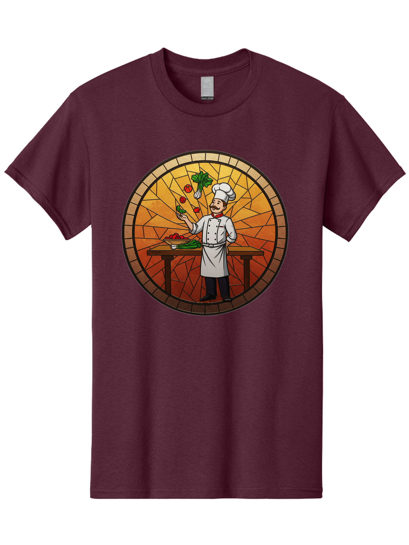 Chef-Juggling-Vegetables Men'S Graphic Tee, 100% Cotton, Comfortable Casual Summer Wear, Machine Washable, Chef Juggling Vegetables, Cooking Art, Stained Glass Style, Culinary Skills, Kitchen Scene, Fresh Produce, Chef'S Hat, Cooking Uniform Bac833