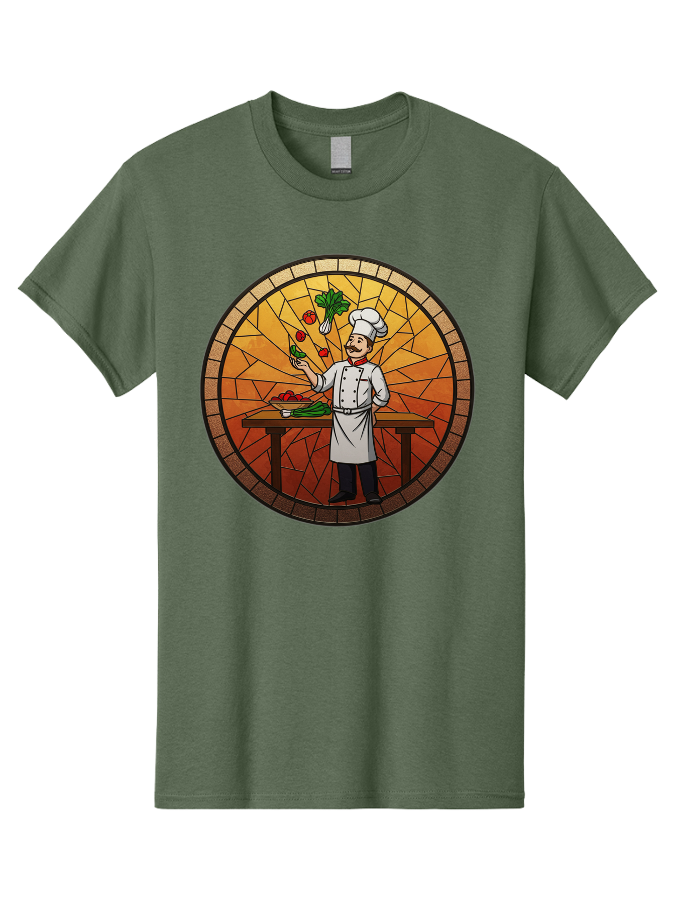 Chef-Juggling-Vegetables Men'S Graphic Tee, 100% Cotton, Comfortable Casual Summer Wear, Machine Washable, Chef Juggling Vegetables, Cooking Art, Stained Glass Style, Culinary Skills, Kitchen Scene, Fresh Produce, Chef'S Hat, Cooking Uniform Bac833