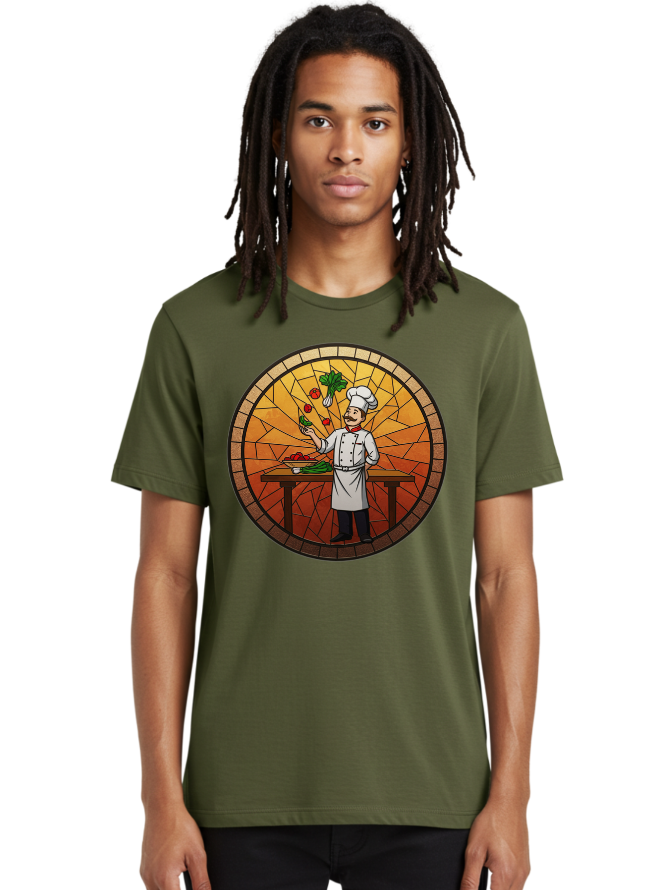 Chef-Juggling-Vegetables Men'S Graphic Tee, 100% Cotton, Comfortable Casual Summer Wear, Machine Washable, Chef Juggling Vegetables, Cooking Art, Stained Glass Style, Culinary Skills, Kitchen Scene, Fresh Produce, Chef'S Hat, Cooking Uniform Bac833