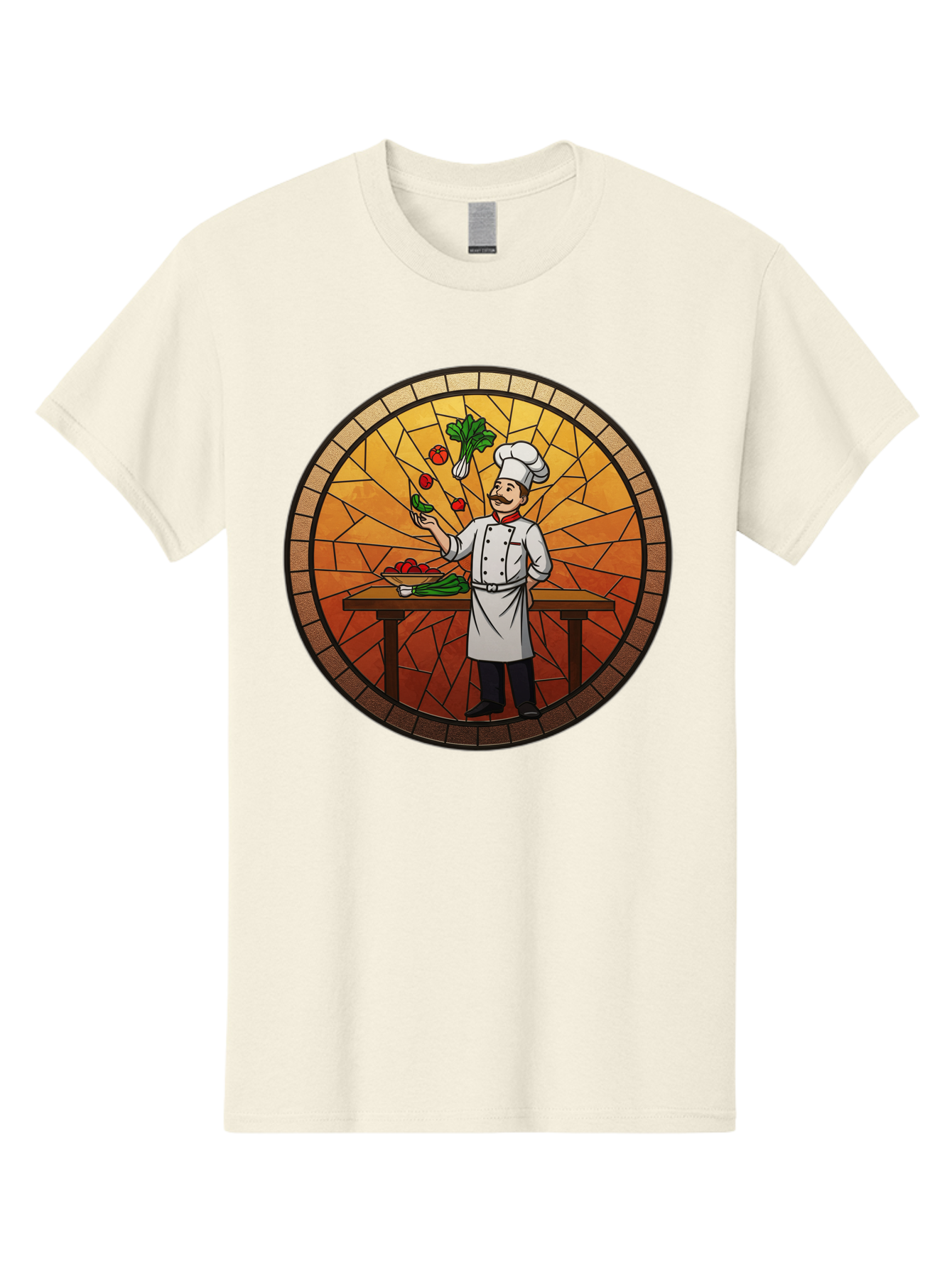 Chef-Juggling-Vegetables Men'S Graphic Tee, 100% Cotton, Comfortable Casual Summer Wear, Machine Washable, Chef Juggling Vegetables, Cooking Art, Stained Glass Style, Culinary Skills, Kitchen Scene, Fresh Produce, Chef'S Hat, Cooking Uniform Bac833