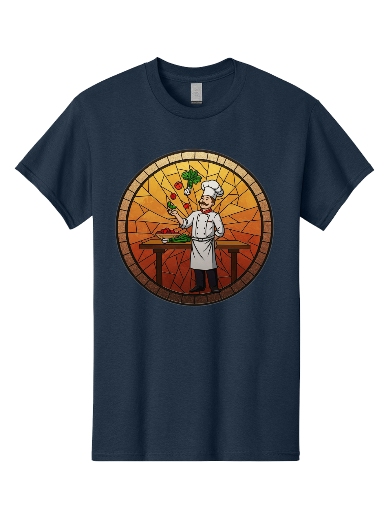 Chef-Juggling-Vegetables Men'S Graphic Tee, 100% Cotton, Comfortable Casual Summer Wear, Machine Washable, Chef Juggling Vegetables, Cooking Art, Stained Glass Style, Culinary Skills, Kitchen Scene, Fresh Produce, Chef'S Hat, Cooking Uniform Bac833
