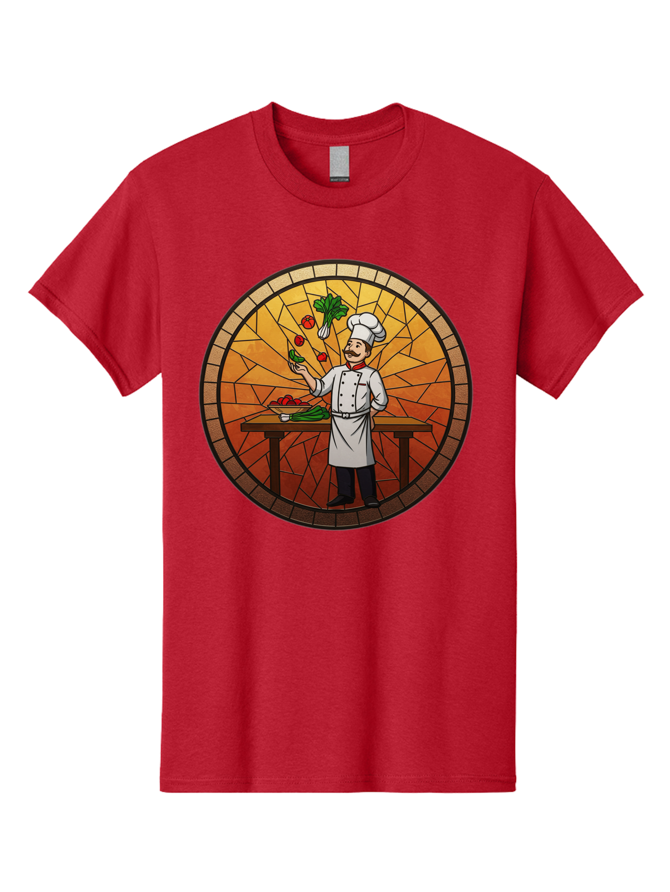 Chef-Juggling-Vegetables Men'S Graphic Tee, 100% Cotton, Comfortable Casual Summer Wear, Machine Washable, Chef Juggling Vegetables, Cooking Art, Stained Glass Style, Culinary Skills, Kitchen Scene, Fresh Produce, Chef'S Hat, Cooking Uniform Bac833