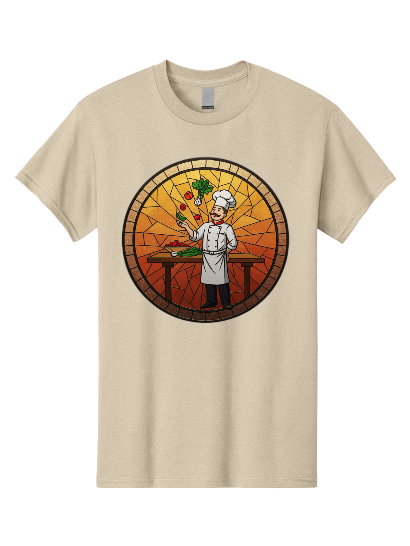 Chef-Juggling-Vegetables Men'S Graphic Tee, 100% Cotton, Comfortable Casual Summer Wear, Machine Washable, Chef Juggling Vegetables, Cooking Art, Stained Glass Style, Culinary Skills, Kitchen Scene, Fresh Produce, Chef'S Hat, Cooking Uniform Bac833