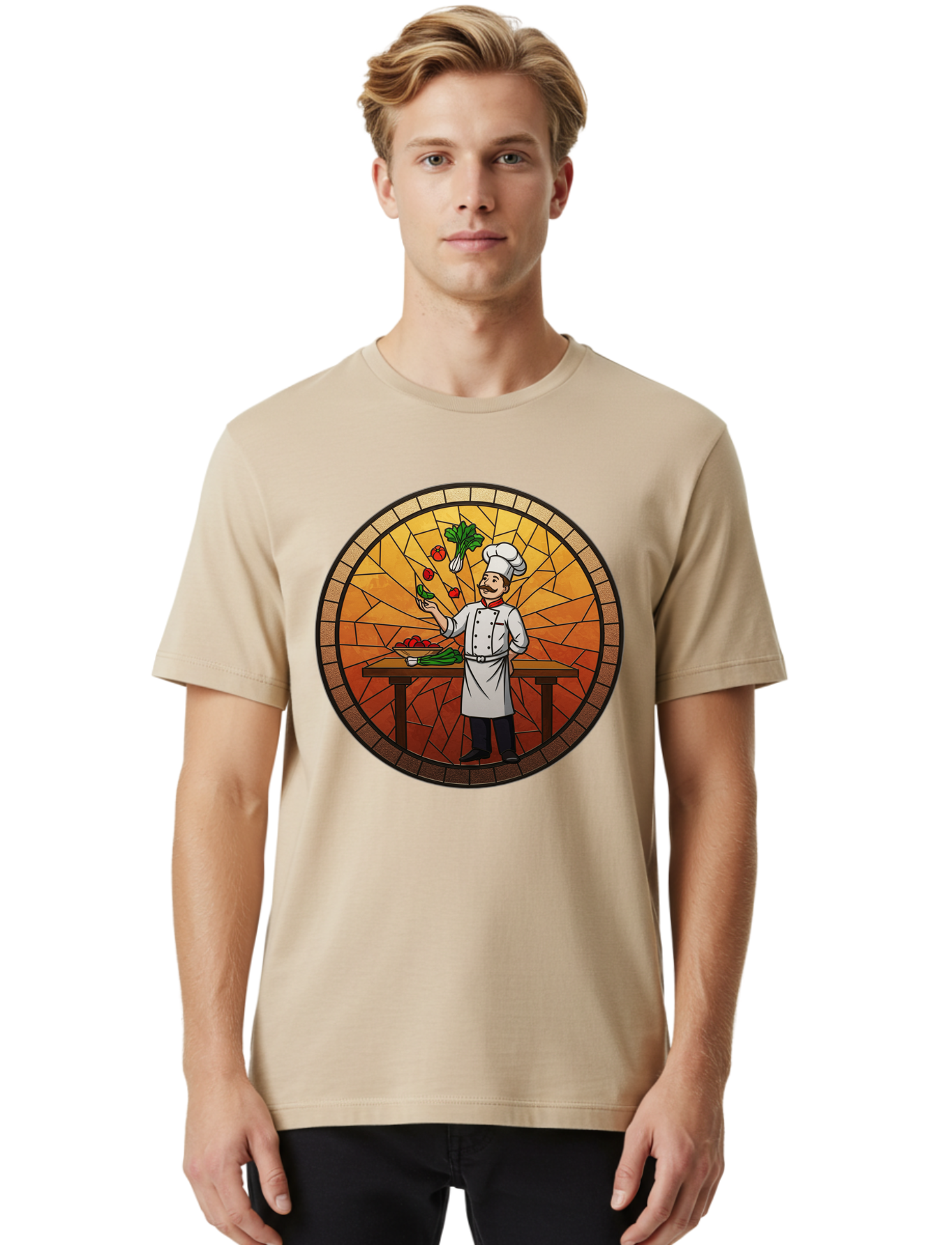 Chef-Juggling-Vegetables Men'S Graphic Tee, 100% Cotton, Comfortable Casual Summer Wear, Machine Washable, Chef Juggling Vegetables, Cooking Art, Stained Glass Style, Culinary Skills, Kitchen Scene, Fresh Produce, Chef'S Hat, Cooking Uniform Bac833