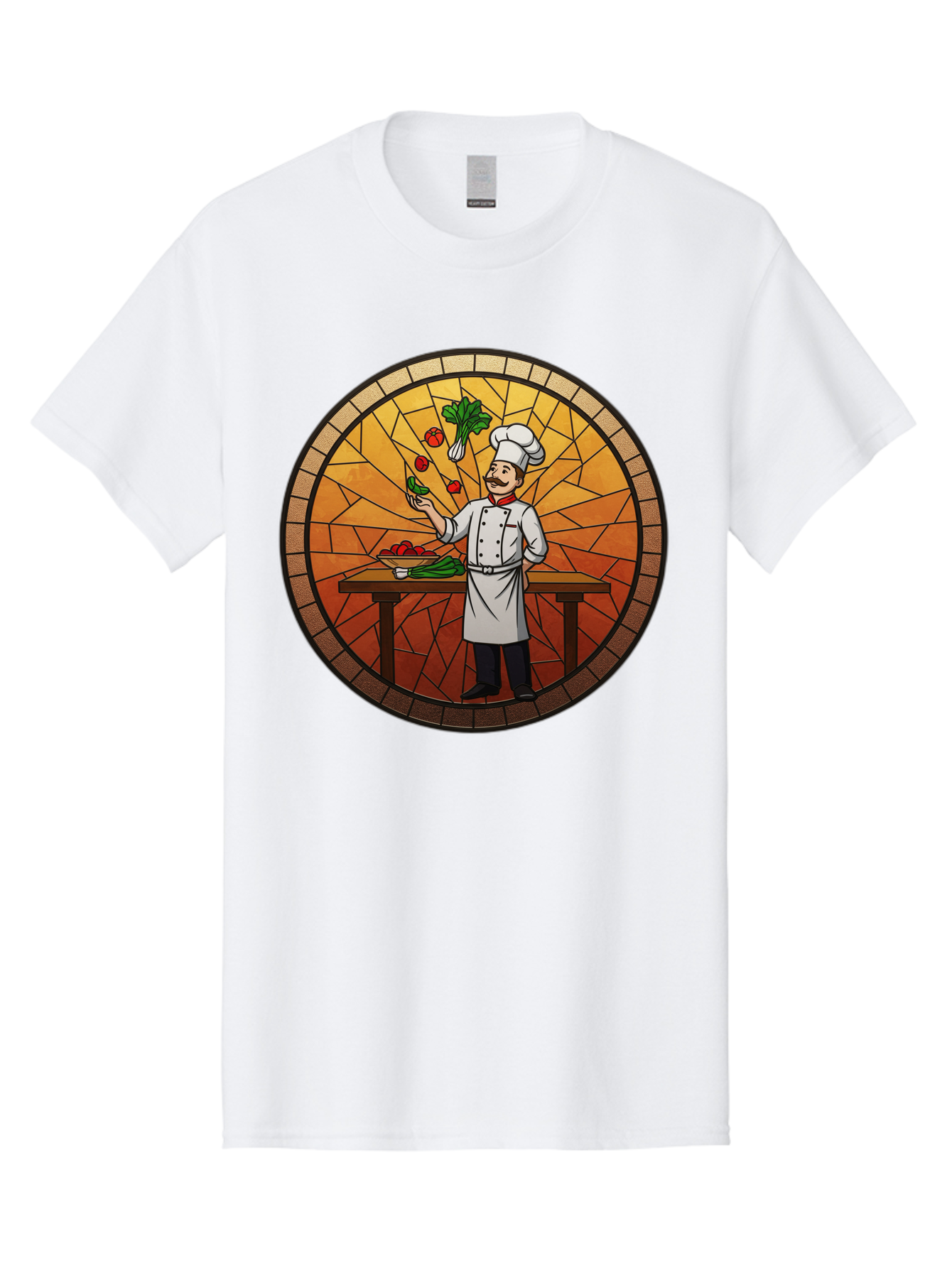 Chef-Juggling-Vegetables Men'S Graphic Tee, 100% Cotton, Comfortable Casual Summer Wear, Machine Washable, Chef Juggling Vegetables, Cooking Art, Stained Glass Style, Culinary Skills, Kitchen Scene, Fresh Produce, Chef'S Hat, Cooking Uniform Bac833
