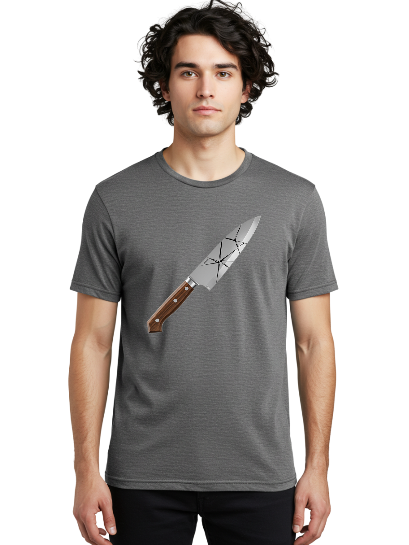 Chef-Knife-1 Men'S Graphic Tee, 100% Cotton, Comfortable Casual Summer Wear, Machine Washable, Sharp Knife, Kitchen Knife, Chef'S Knife, Stainless Steel, Wooden Handle, Silver Rivets, Geometric Pattern, Modern Design, Cutting Tool, Bac834
