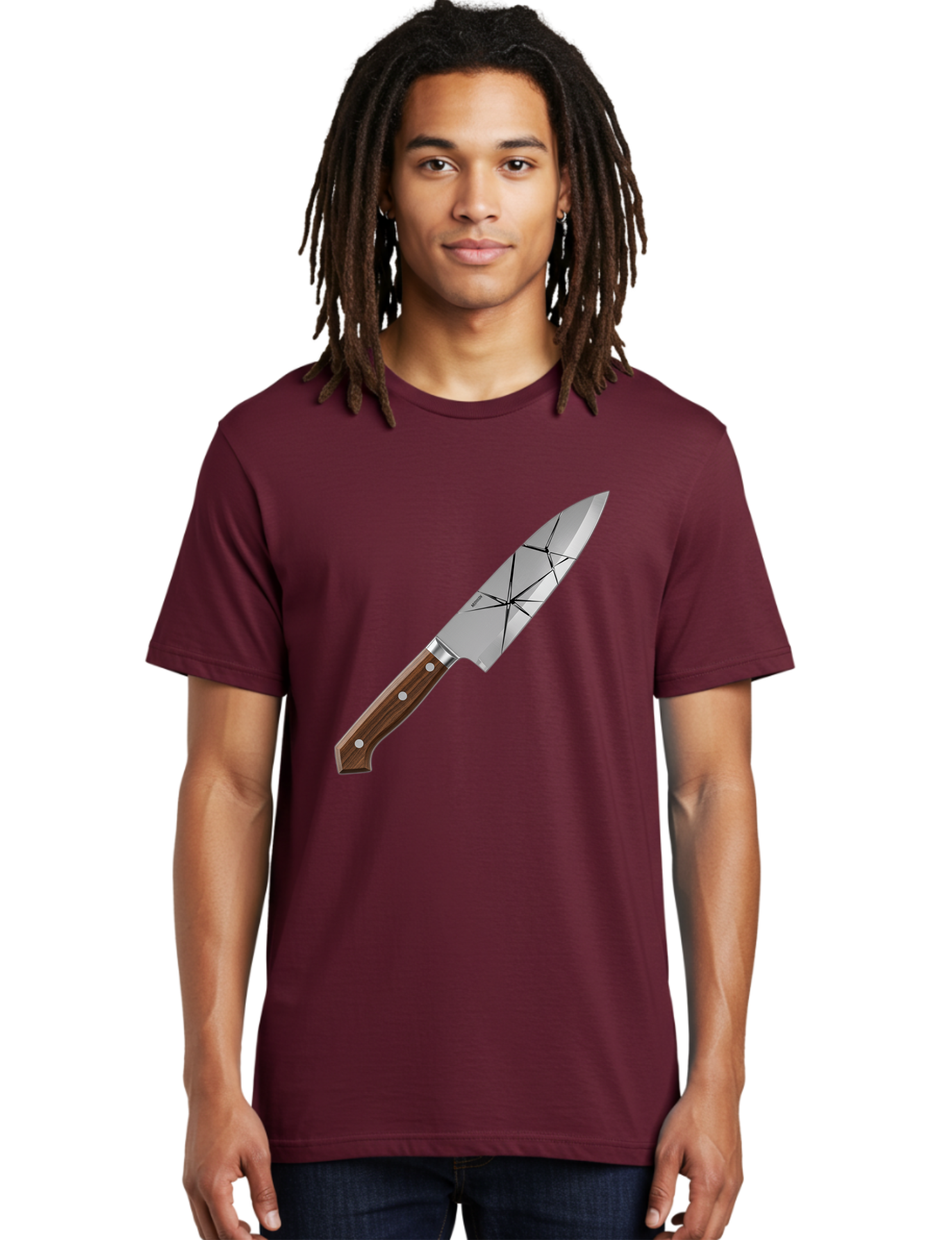 Chef-Knife-1 Men'S Graphic Tee, 100% Cotton, Comfortable Casual Summer Wear, Machine Washable, Sharp Knife, Kitchen Knife, Chef'S Knife, Stainless Steel, Wooden Handle, Silver Rivets, Geometric Pattern, Modern Design, Cutting Tool, Bac834