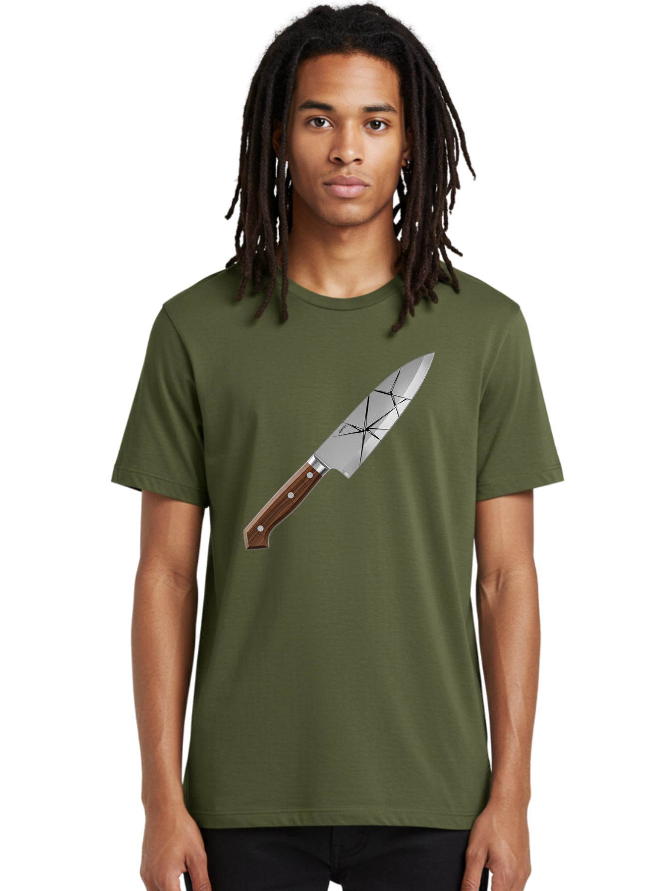 Chef-Knife-1 Men'S Graphic Tee, 100% Cotton, Comfortable Casual Summer Wear, Machine Washable, Sharp Knife, Kitchen Knife, Chef'S Knife, Stainless Steel, Wooden Handle, Silver Rivets, Geometric Pattern, Modern Design, Cutting Tool, Bac834