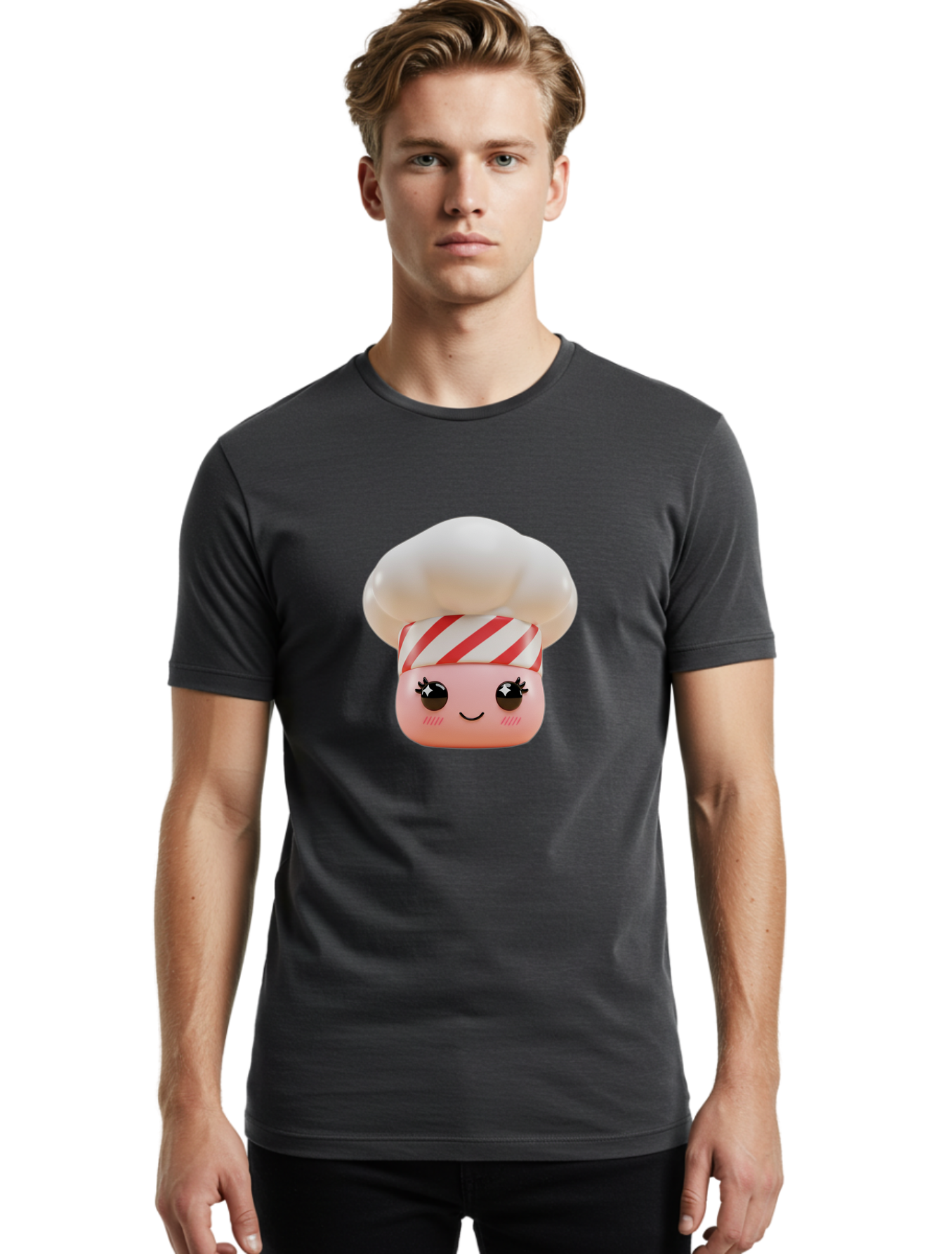 Chef-Marshmallow Men'S Graphic Tee, 100% Cotton, Comfortable Casual Summer Wear, Machine Washable, Candy Character, Chef Illustration, Pastel Pink Face, Red And White Striped Hat, Whimsical Design, Playful, Bakery Goods, Sweet Treats, Kawaii Bac836