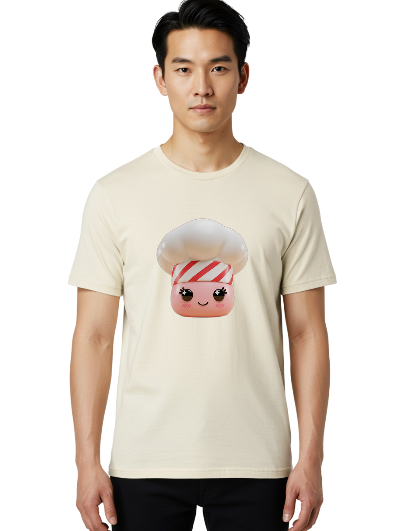 Chef-Marshmallow Men'S Graphic Tee, 100% Cotton, Comfortable Casual Summer Wear, Machine Washable, Candy Character, Chef Illustration, Pastel Pink Face, Red And White Striped Hat, Whimsical Design, Playful, Bakery Goods, Sweet Treats, Kawaii Bac836
