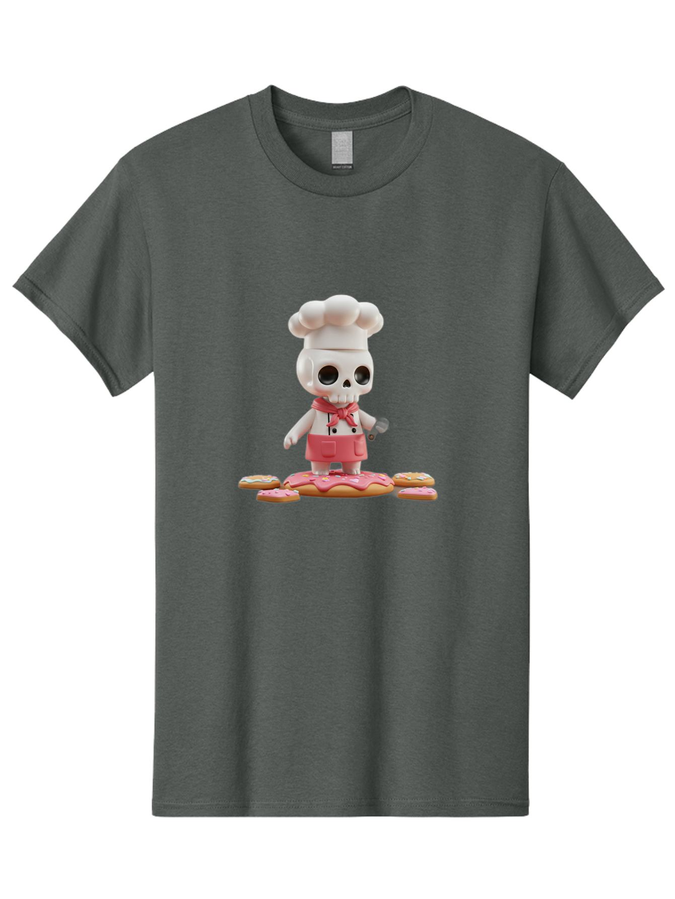 Chef-Skeleton Men'S Graphic Tee, 100% Cotton, Comfortable Casual Summer Wear, Machine Washable, Skull Chef Figurine, Chef Hat, Red Apron, Kitchen Utensils, Donut Decorations, Sweet Treats, Culinary Art, Figurine Art, Whimsical Design, Bac837