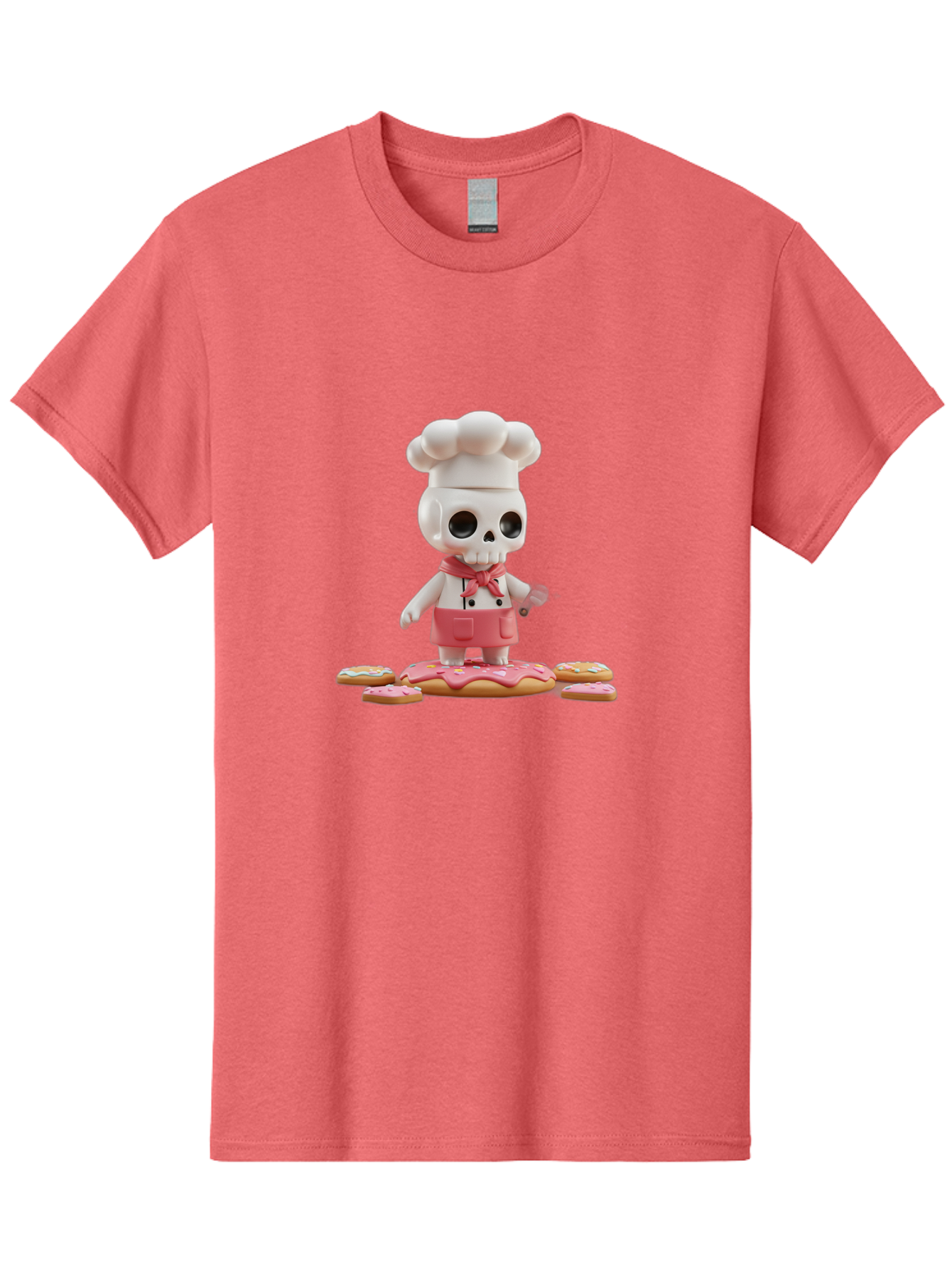 Chef-Skeleton Men'S Graphic Tee, 100% Cotton, Comfortable Casual Summer Wear, Machine Washable, Skull Chef Figurine, Chef Hat, Red Apron, Kitchen Utensils, Donut Decorations, Sweet Treats, Culinary Art, Figurine Art, Whimsical Design, Bac837
