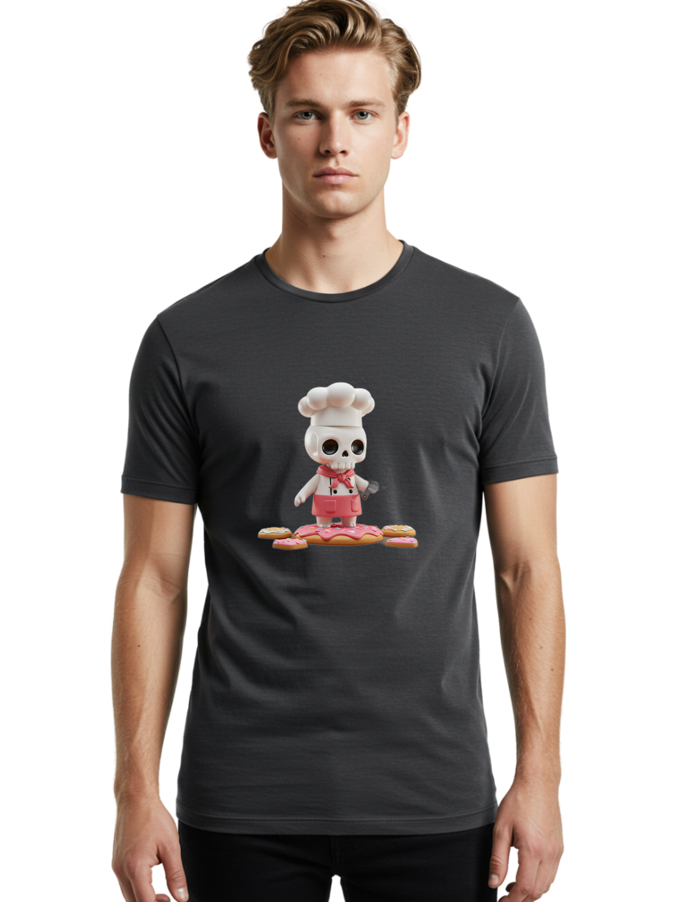 Chef-Skeleton Men'S Graphic Tee, 100% Cotton, Comfortable Casual Summer Wear, Machine Washable, Skull Chef Figurine, Chef Hat, Red Apron, Kitchen Utensils, Donut Decorations, Sweet Treats, Culinary Art, Figurine Art, Whimsical Design, Bac837
