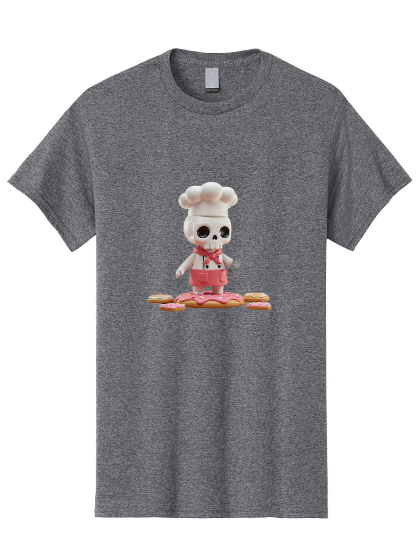 Chef-Skeleton Men'S Graphic Tee, 100% Cotton, Comfortable Casual Summer Wear, Machine Washable, Skull Chef Figurine, Chef Hat, Red Apron, Kitchen Utensils, Donut Decorations, Sweet Treats, Culinary Art, Figurine Art, Whimsical Design, Bac837