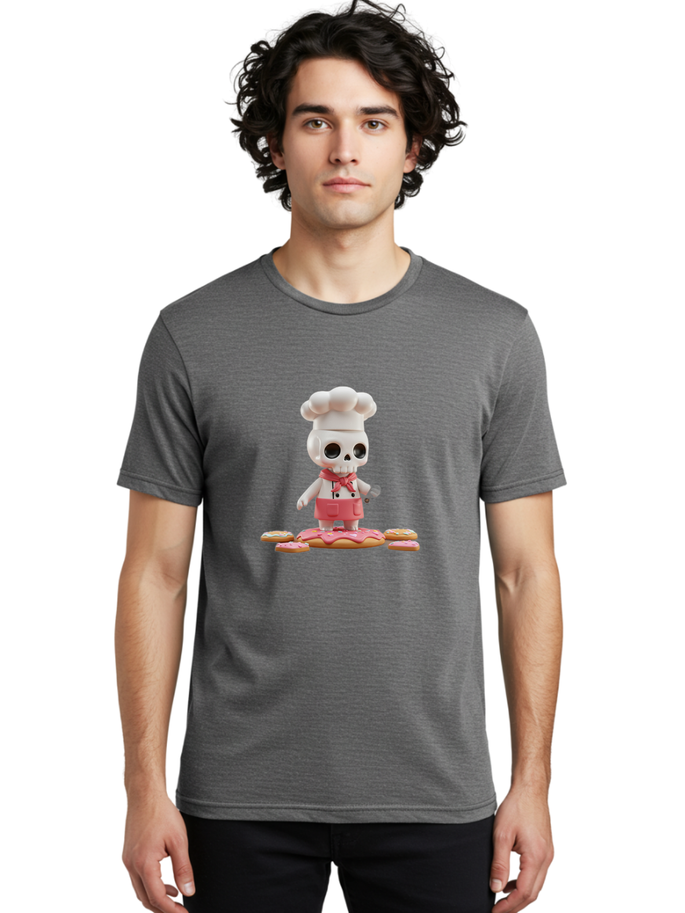 Chef-Skeleton Men'S Graphic Tee, 100% Cotton, Comfortable Casual Summer Wear, Machine Washable, Skull Chef Figurine, Chef Hat, Red Apron, Kitchen Utensils, Donut Decorations, Sweet Treats, Culinary Art, Figurine Art, Whimsical Design, Bac837