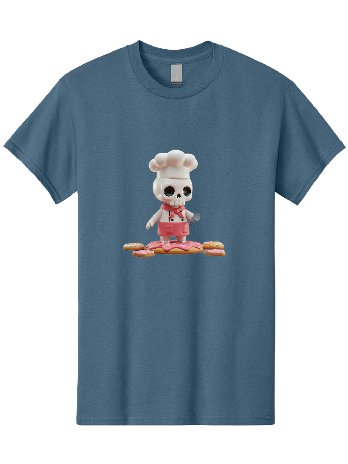 Chef-Skeleton Men'S Graphic Tee, 100% Cotton, Comfortable Casual Summer Wear, Machine Washable, Skull Chef Figurine, Chef Hat, Red Apron, Kitchen Utensils, Donut Decorations, Sweet Treats, Culinary Art, Figurine Art, Whimsical Design, Bac837