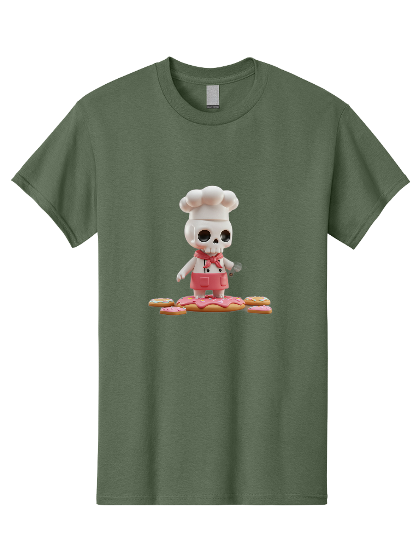 Chef-Skeleton Men'S Graphic Tee, 100% Cotton, Comfortable Casual Summer Wear, Machine Washable, Skull Chef Figurine, Chef Hat, Red Apron, Kitchen Utensils, Donut Decorations, Sweet Treats, Culinary Art, Figurine Art, Whimsical Design, Bac837