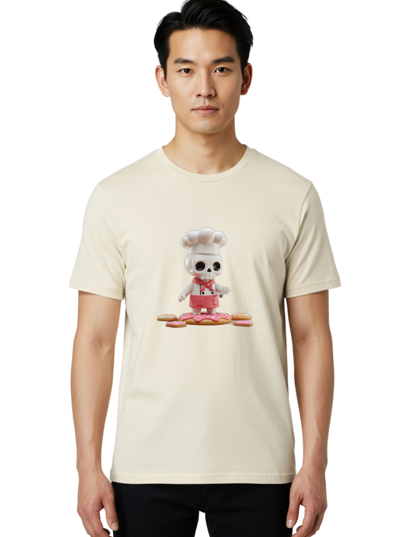 Chef-Skeleton Men'S Graphic Tee, 100% Cotton, Comfortable Casual Summer Wear, Machine Washable, Skull Chef Figurine, Chef Hat, Red Apron, Kitchen Utensils, Donut Decorations, Sweet Treats, Culinary Art, Figurine Art, Whimsical Design, Bac837