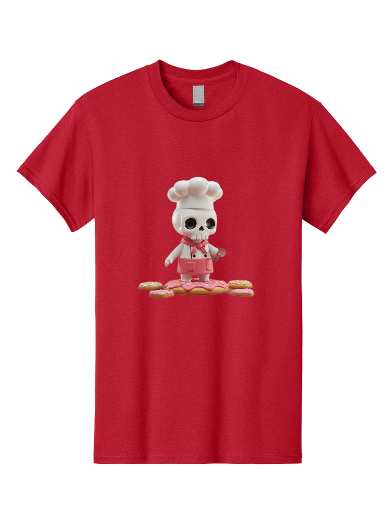 Chef-Skeleton Men'S Graphic Tee, 100% Cotton, Comfortable Casual Summer Wear, Machine Washable, Skull Chef Figurine, Chef Hat, Red Apron, Kitchen Utensils, Donut Decorations, Sweet Treats, Culinary Art, Figurine Art, Whimsical Design, Bac837