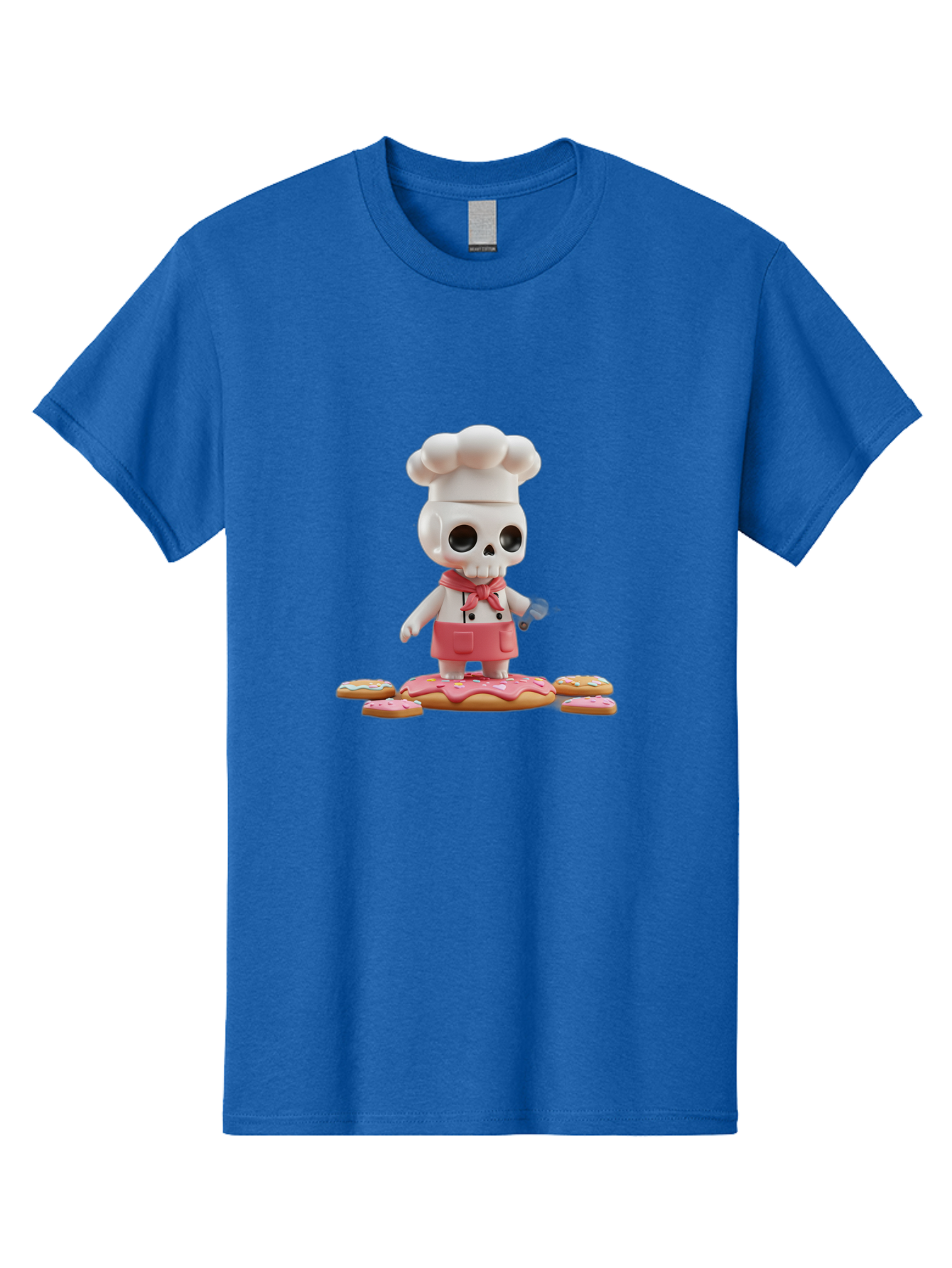 Chef-Skeleton Men'S Graphic Tee, 100% Cotton, Comfortable Casual Summer Wear, Machine Washable, Skull Chef Figurine, Chef Hat, Red Apron, Kitchen Utensils, Donut Decorations, Sweet Treats, Culinary Art, Figurine Art, Whimsical Design, Bac837