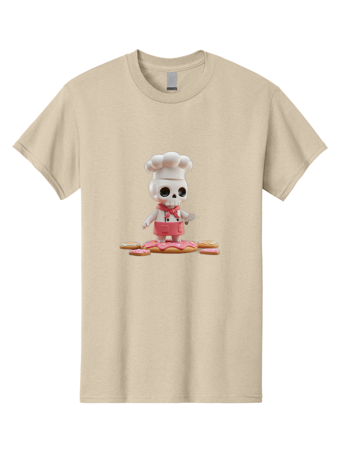 Chef-Skeleton Men'S Graphic Tee, 100% Cotton, Comfortable Casual Summer Wear, Machine Washable, Skull Chef Figurine, Chef Hat, Red Apron, Kitchen Utensils, Donut Decorations, Sweet Treats, Culinary Art, Figurine Art, Whimsical Design, Bac837