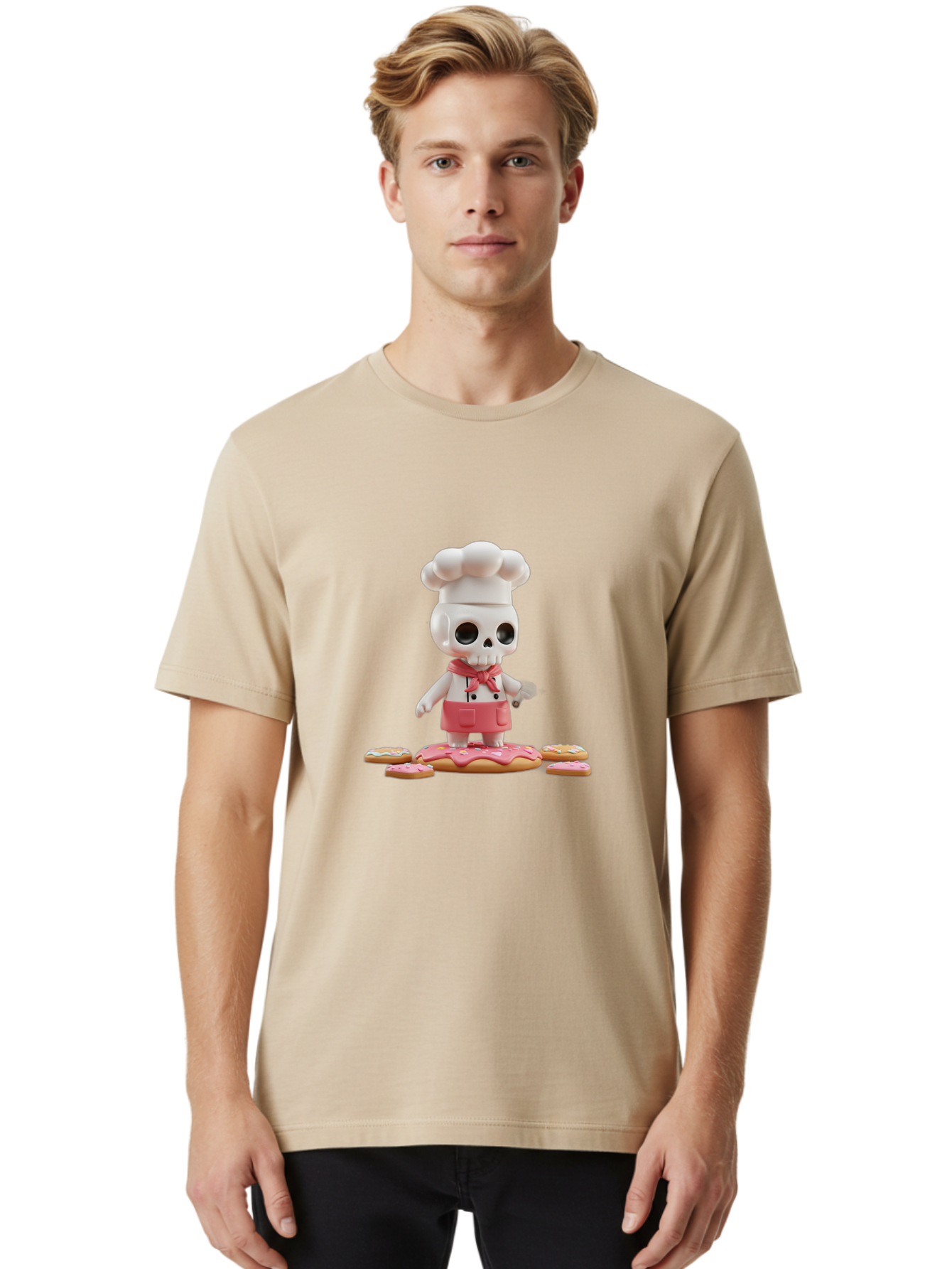 Chef-Skeleton Men'S Graphic Tee, 100% Cotton, Comfortable Casual Summer Wear, Machine Washable, Skull Chef Figurine, Chef Hat, Red Apron, Kitchen Utensils, Donut Decorations, Sweet Treats, Culinary Art, Figurine Art, Whimsical Design, Bac837